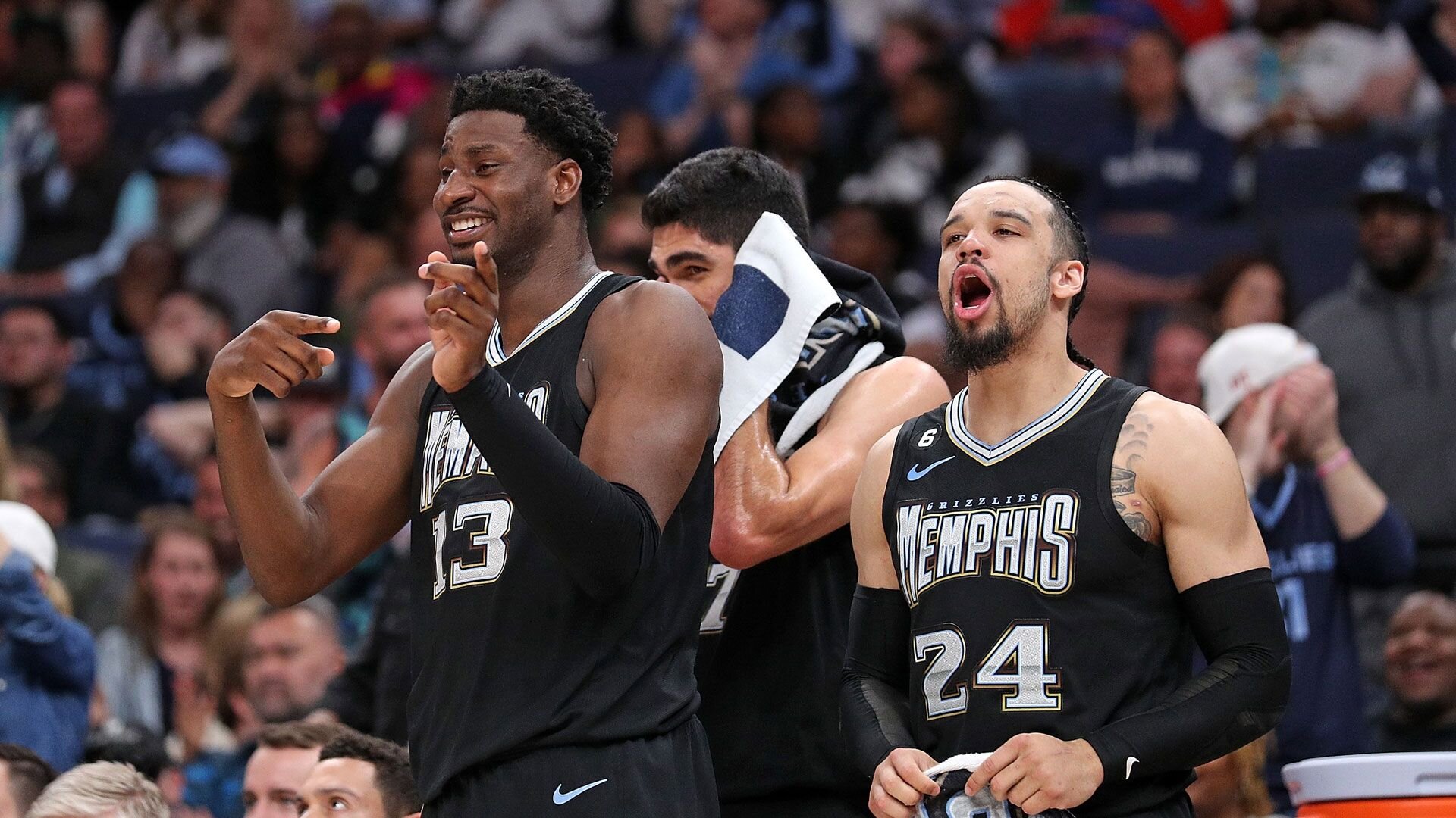 MEMPHIS, TENNESSEE - MARCH 31: Jaren Jackson Jr. #13 and Dillon Brooks #24 of the Memphis Grizzlies react during the second half against the Los Angeles Clippers at FedExForum on March 31, 2023 in Memphis, Tennessee.