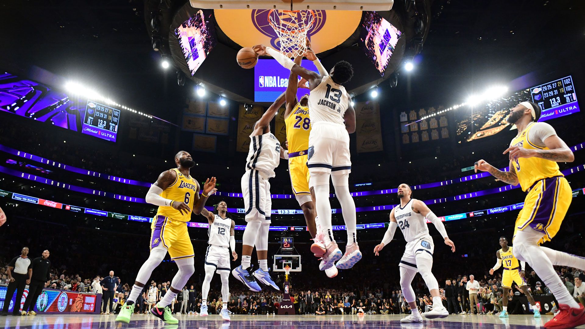 LOS ANGELES, CA - APRIL 24: Jaren Jackson Jr. #13 of the Memphis Grizzlies blocks the shot of Rui Hachimura #28 of the Los Angeles Lakers during Round 1 Game 4 of the 2023 NBA Playoffs on April 24, 2023 at Crypto.Com Arena in Los Angeles, California.