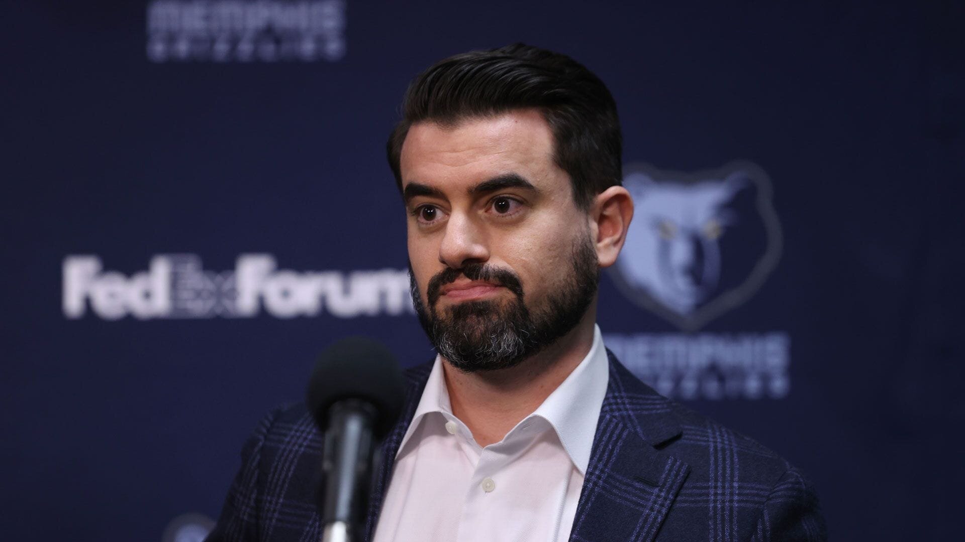 MEMPHIS, TN - June 24: Zach Kleiman, General Manager and Executive Vice President of Basketball Operation of the Memphis Grizzlies talks to the media during the introductory draft press conference on June 24, 2022 at FedExForum in Memphis, Tennessee.