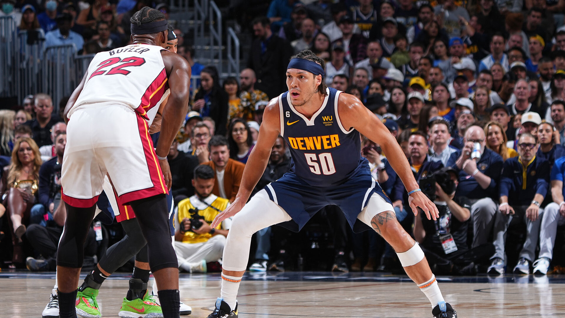 DENVER, CO - JUNE 4: Aaron Gordon #50 of the Denver Nuggets plays defense on Jimmy Butler #22 of the Miami Heat during Game Two of the 2023 NBA Finals on June 4, 2023 at the Ball Arena in Denver, Colorado.