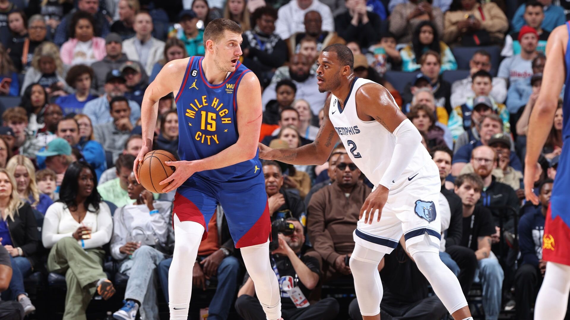 MEMPHIS, TN - FEBRUARY 25: Nikola Jokic #15 of the Denver Nuggets handles the ball during the game against the Memphis Grizzlies on February 25, 2023 at FedExForum in Memphis, Tennessee.