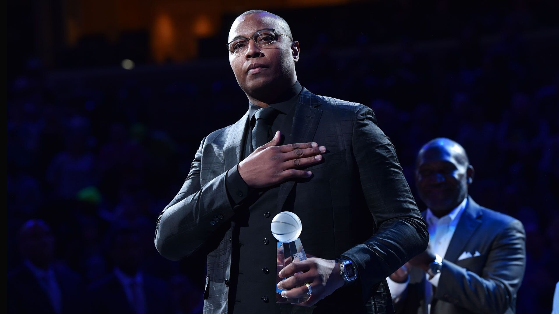 MEMPHIS, TN - JANUARY 20: Former NBA Player, Caron Butler, receives the 15th Annual National Civil Rights Museum Sports Legacy Award during a game between the New Orleans Pelicans and the Memphis Grizzlies on January 20, 2020 at FedExForum in Memphis, Tennessee.