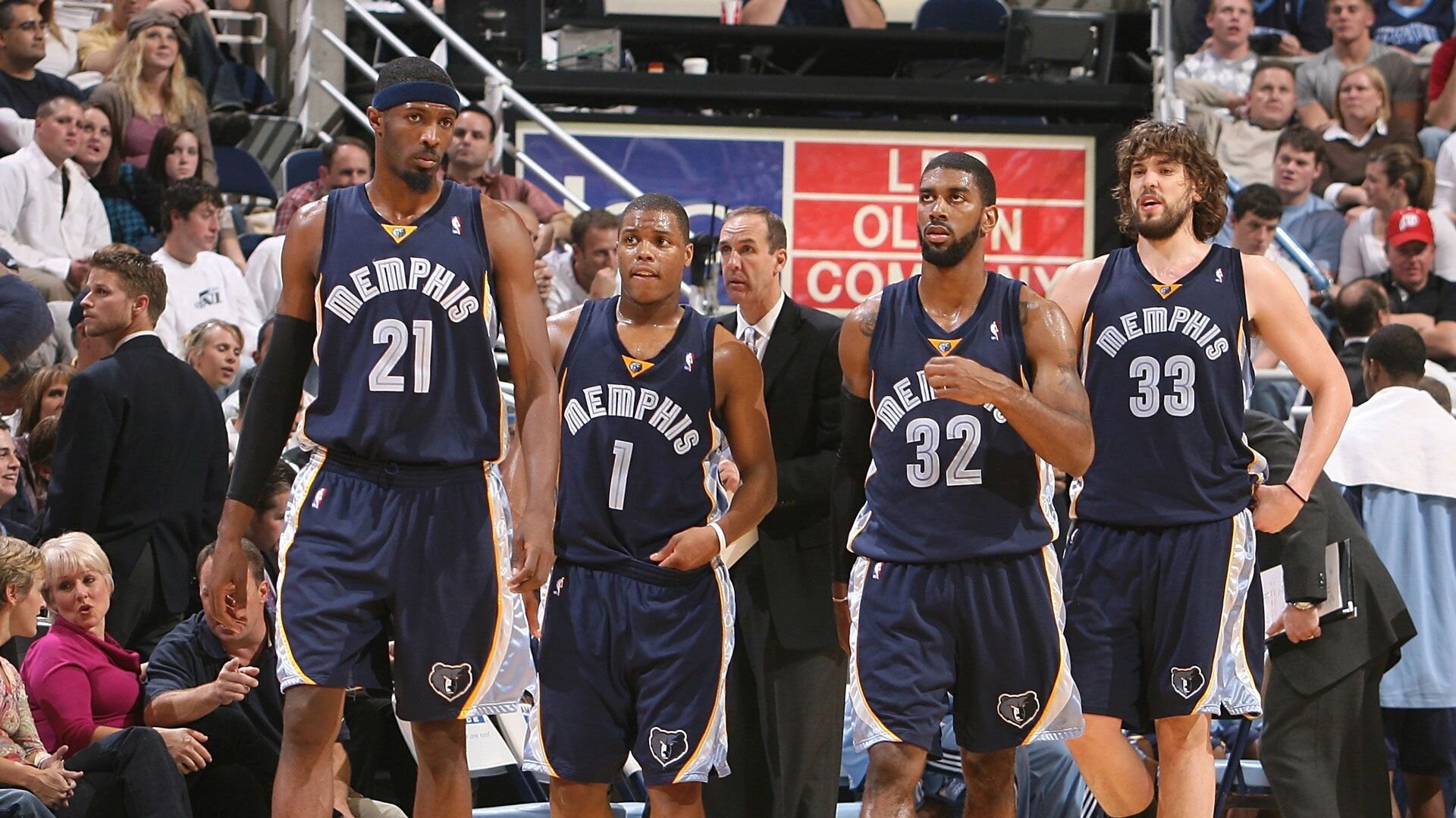 SALT LAKE CITY, UT - NOVEMBER 26: (L-R) Hakim Warrick #21, Kyle Lowry #1, O.J. Mayo #32 and Marc Gasol #33 of the Memphis Grizzlies walk down the court during the game against the Utah Jazz at EnergySolutions Arena on November 26, 2008 in Salt Lake City, Utah. The Jazz won 117-100.