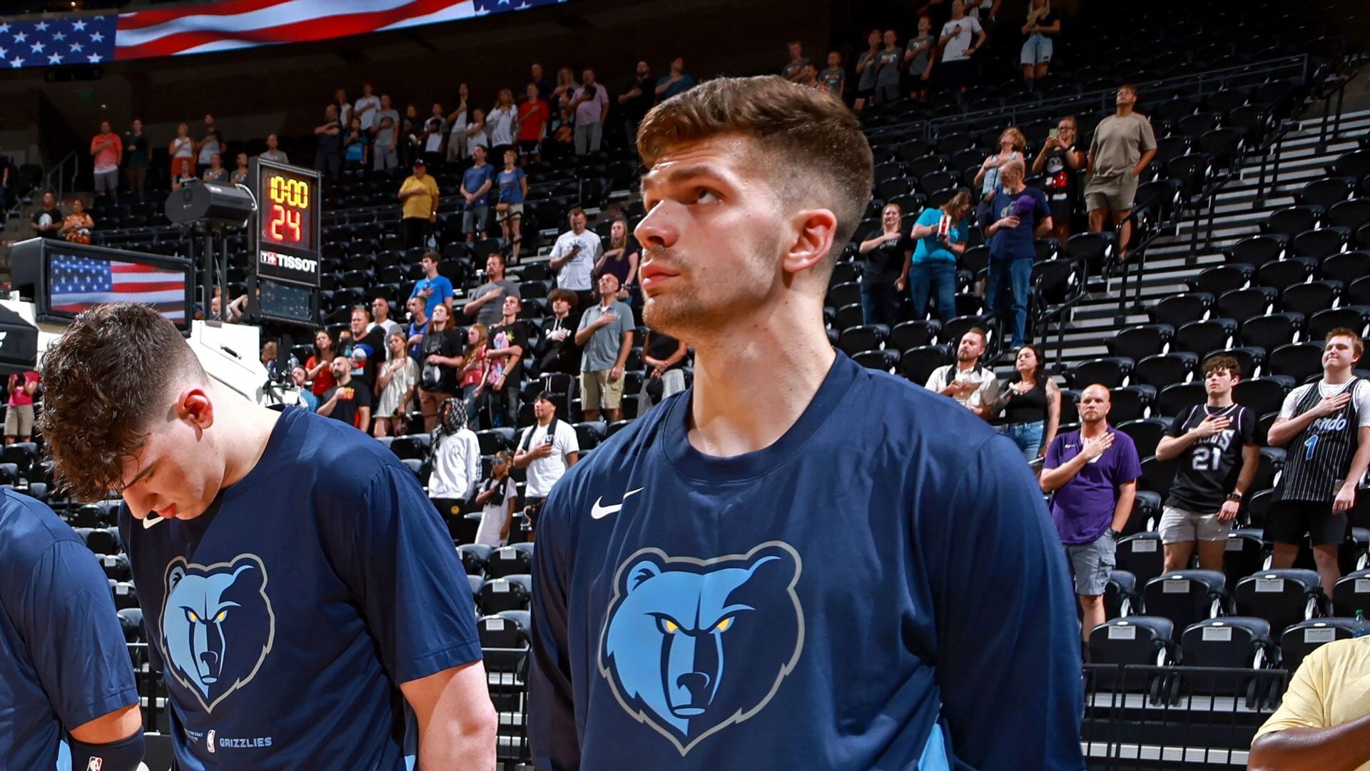 SALT LAKE CITY, UT - JULY 3: The Memphis Grizzlies stand for the National Anthem before the game against the Philadelphia 76ers during the 2023 NBA Salt Lake City Summer League on July 3, 2023 at Delta Center in Salt Lake City, Utah.