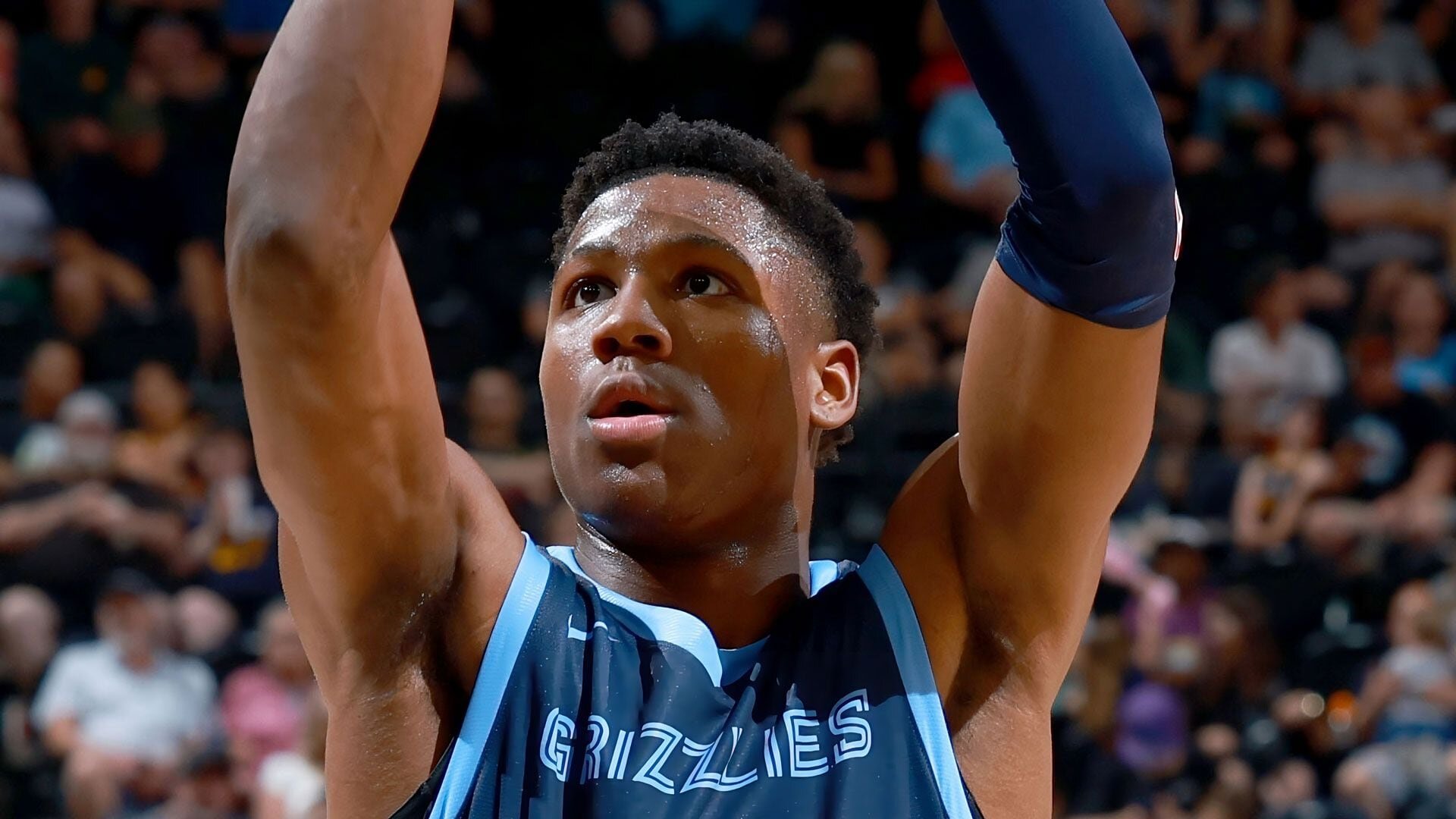 SALT LAKE CITY, UT - JULY 3: GG Jackson II #45 of the Memphis Grizzlies shoots a free throw during the game against the Philadelphia 76ers during the 2023 NBA Salt Lake City Summer League on July 3, 2023 at Delta Center in Salt Lake City, Utah.