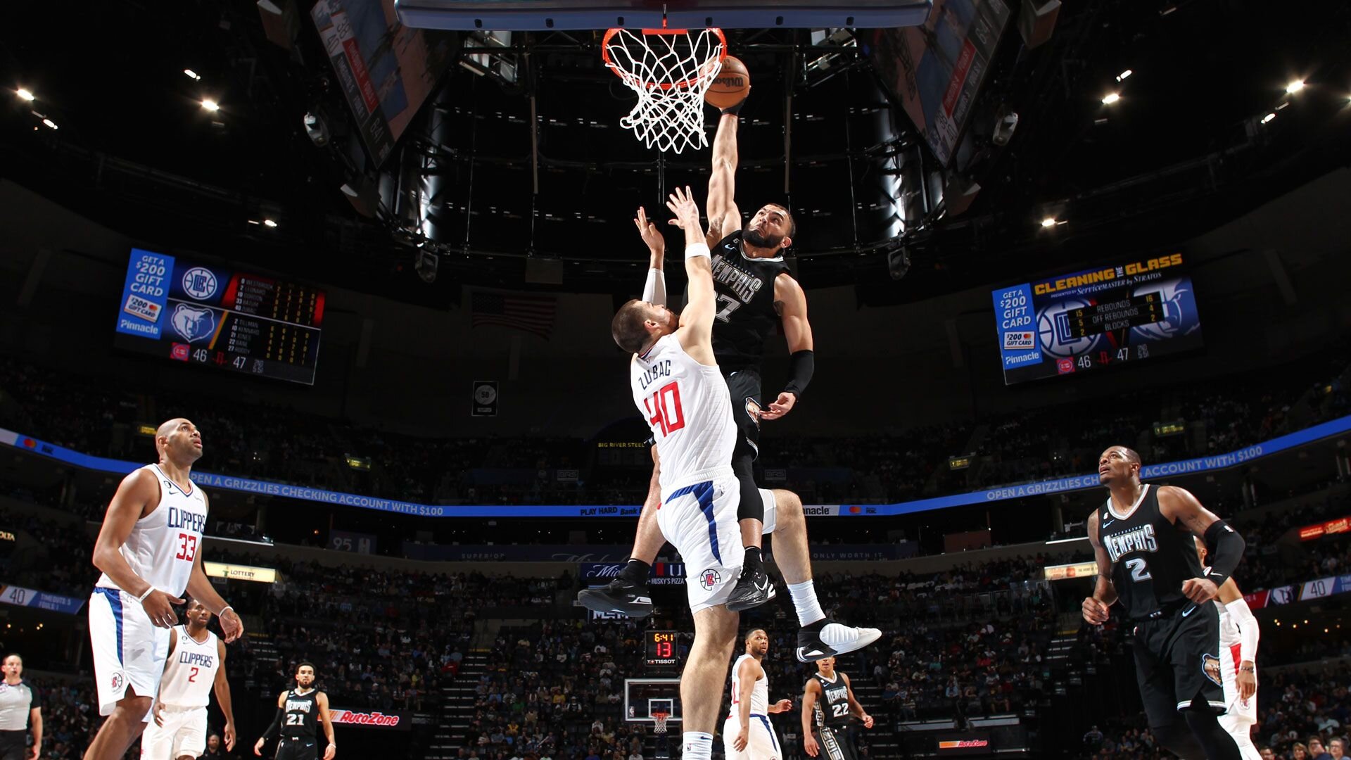 MEMPHIS, TN - MARCH 31: David Roddy #27 of the Memphis Grizzlies drives to the basket during the game against the LA Clippers on March 31, 2023 at FedExForum in Memphis, Tennessee.