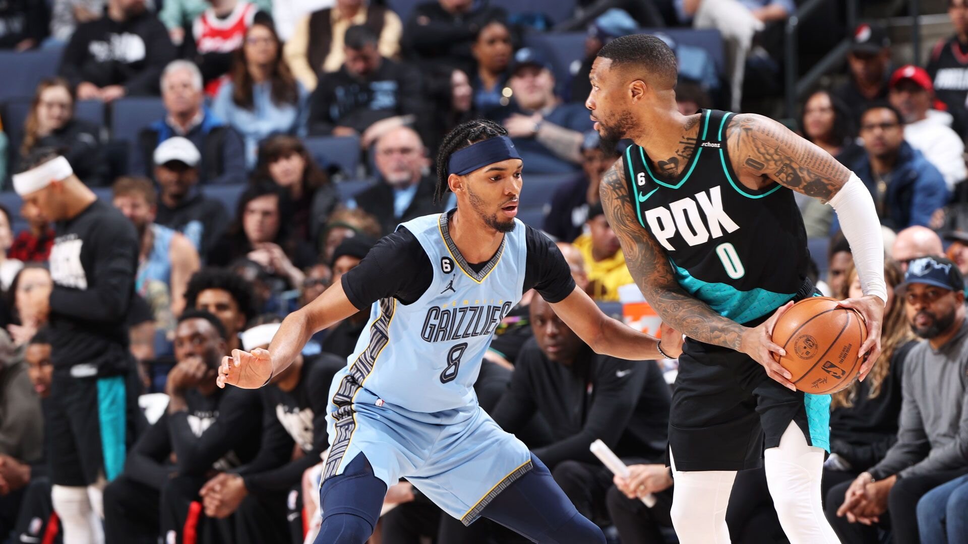 MEMPHIS, TN - FEBRUARY 1: Ziaire Williams #8 of the Memphis Grizzlies plays defense during the game against the Portland Trail Blazers on February 1, 2023 at FedExForum in Memphis, Tennessee.