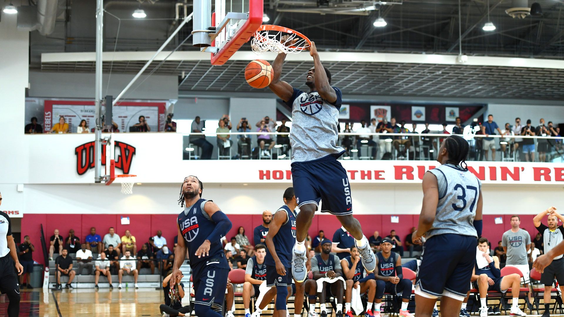 LAS VEGAS, NV - AUGUST 4: Jalen Duren dunks the ball during the USA Men's National Team Practice as part of 2023 FIBA World Cup on August 4, 2023 at the Mendenhall Center in Las Vegas, Nevada.
