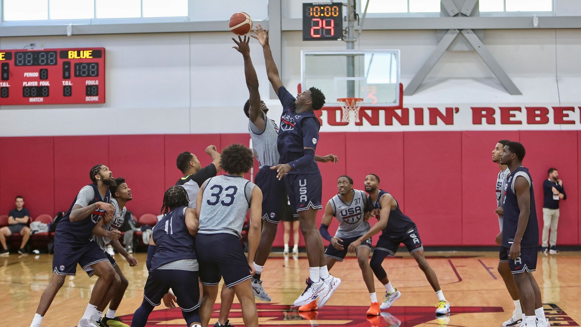 LAS VEGAS, NV - AUGUST 5: Jaren Jackson Jr. jumps for the ball during the USA Men's National Team Practice as part of 2023 FIBA World Cup on August 5, 2023 at the Mendenhall Center in Las Vegas, Nevada.