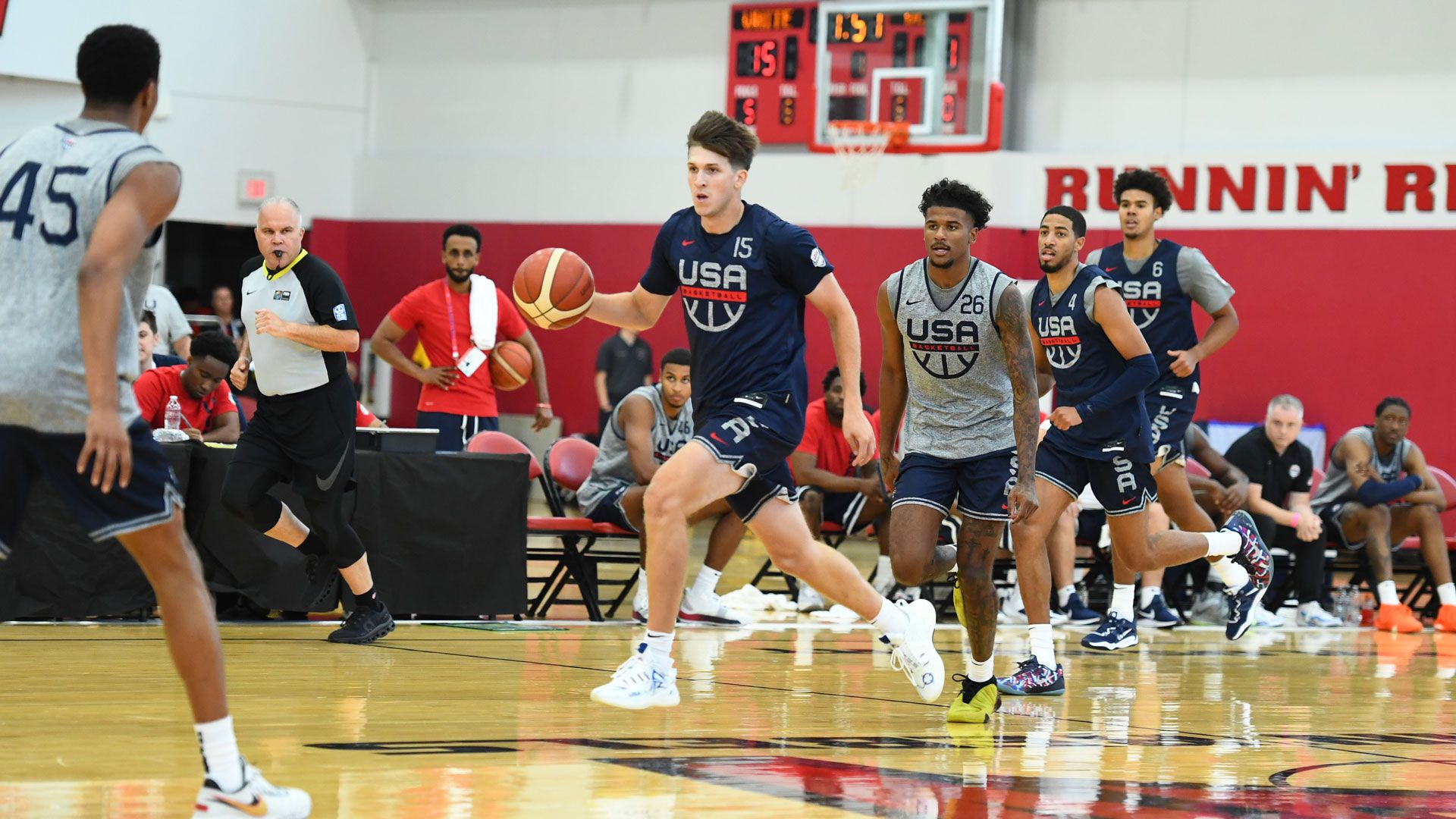 LAS VEGAS, NV - AUGUST 5: Austin Reaves dribbles the ball during the USA Men's National Team Practice as part of 2023 FIBA World Cup on August 5, 2023 at the Mendenhall Center in Las Vegas, Nevada.