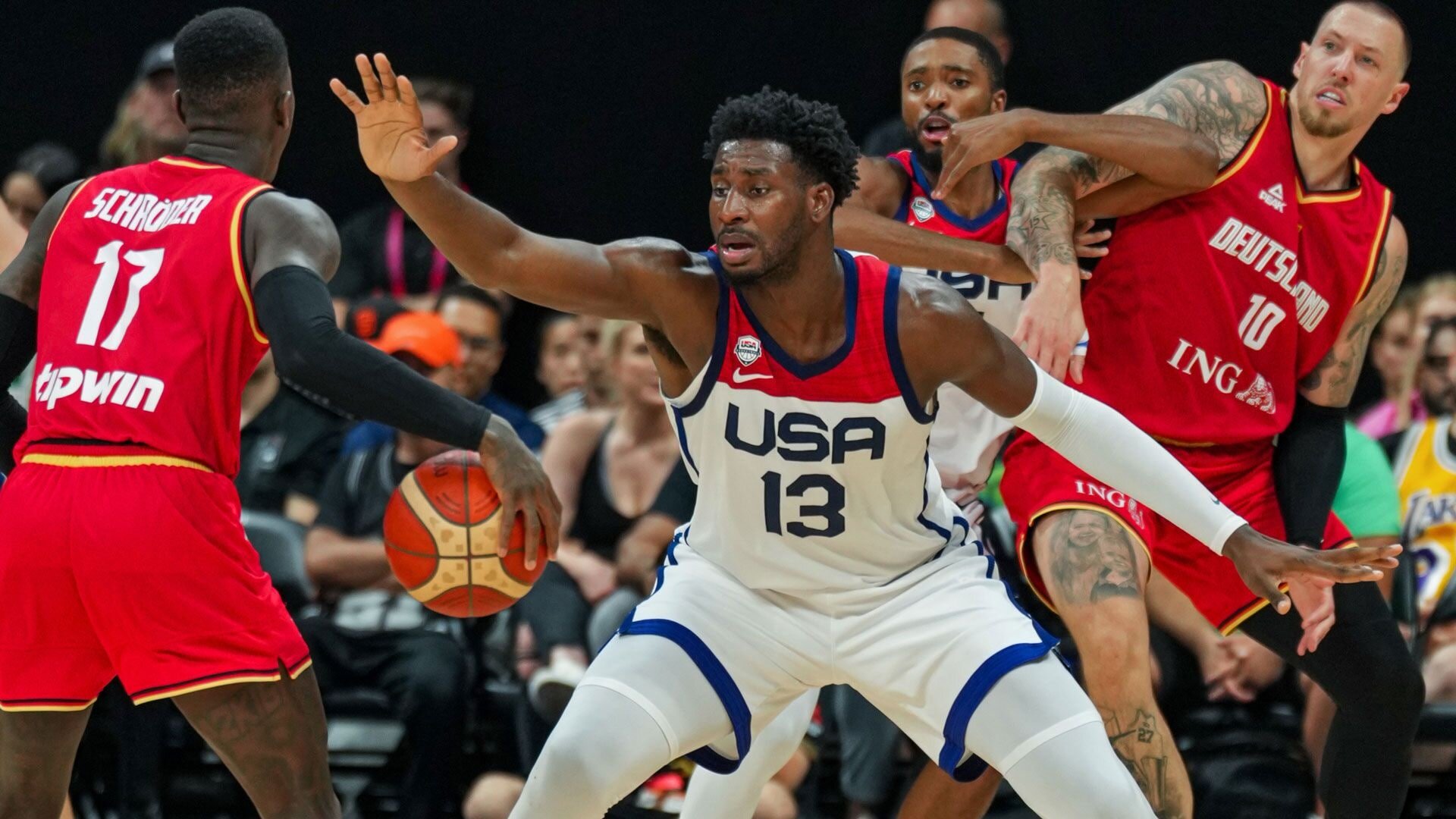 ABU DHABI, UAE - AUGUST 20: Jaren Jackson Jr. of the USA Senior Men's National Team plays defense during the game against Germany as part of 2023 FIBA World Cup at Etihad Arena on August 20, 2023 in Abu Dhabi, The United Arab Emirates.