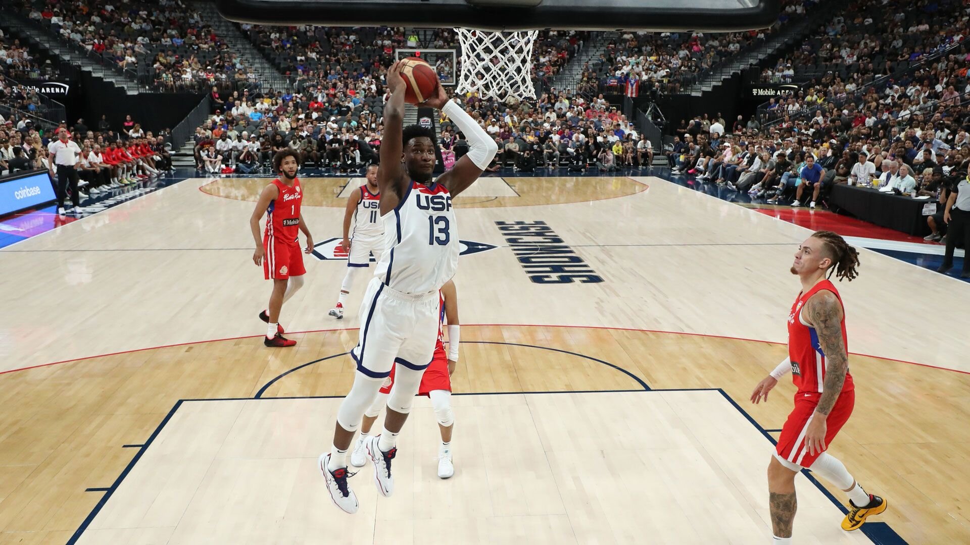 LAS VEGAS, NV - AUGUST 7: Jaren Jackson Jr. #13 of the Senior Men's National Team drives to the basket during the game against the Puerto Rican National Team during the 2023 FIBA World Cup exhibition game on August 7, 2023 at T-Mobile Arena in Las Vegas, Nevada.