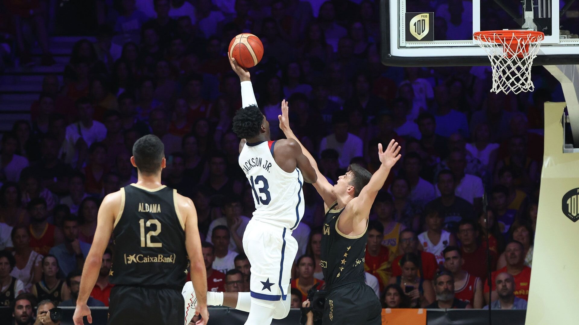 MALAGA, SPAIN - AUGUST 13: Jaren Jackson Jr. #13 of the USA Men's National Basketball Team drives to the basket during the game against the Spain Men's National Basketball Team on August 13, 2023 at Palacio de Deportes Jose Maria Martin Carpena in Malaga, Spain.