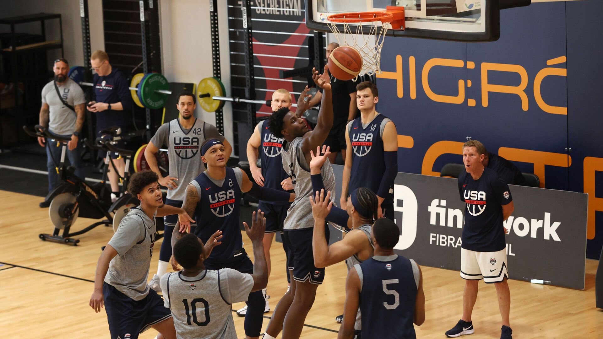 MALAGA, SPAIN - AUGUST 11: Jaren Jackson Jr. #13 of the USA Basketball Men's National Team grabs the rebound during practice on August 11, 2023 at Pabellon Training Center Higueron in Malaga, Spain.