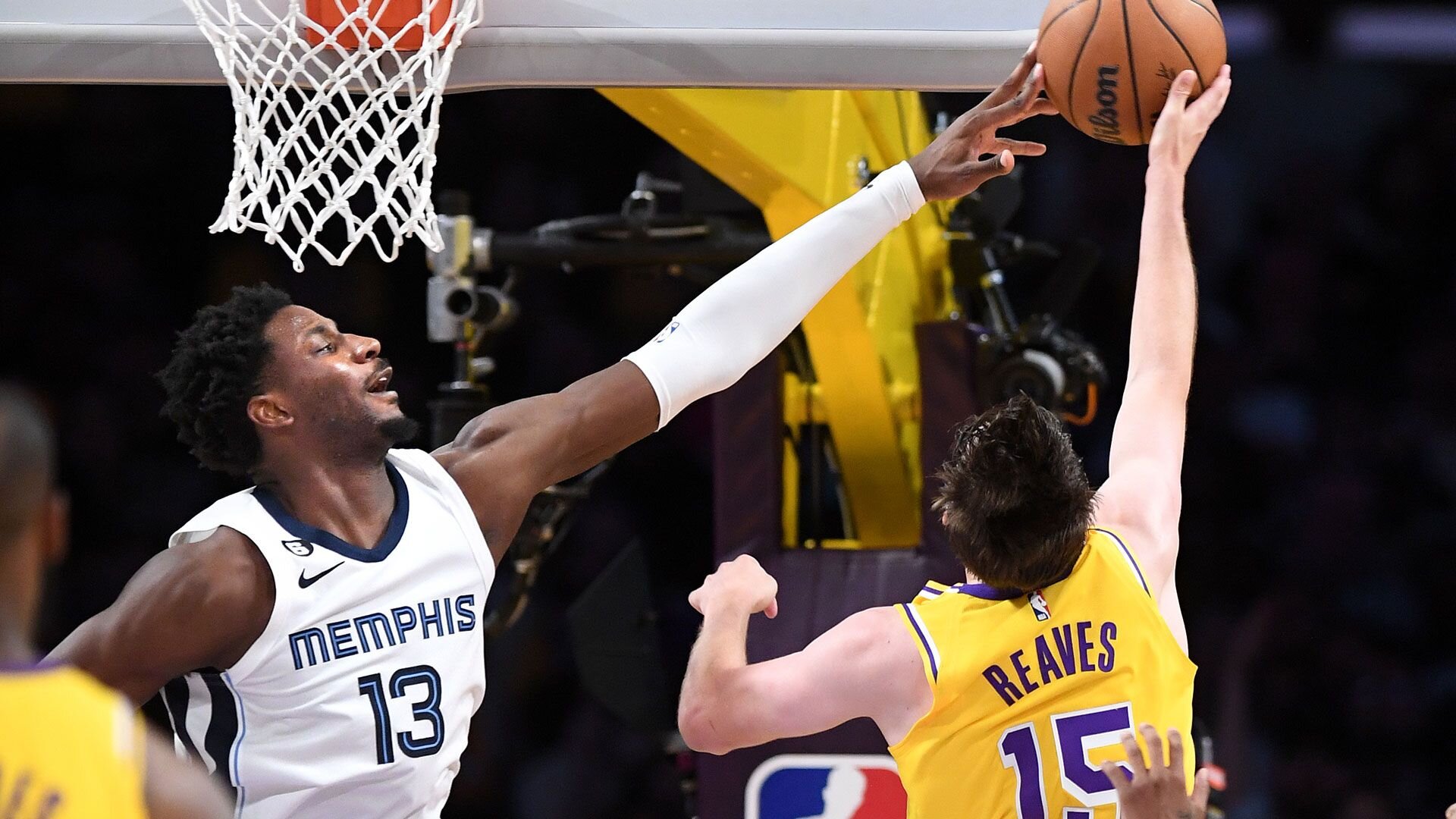 Los Angeles, California April 24, 2023-Lakers Austin Reeves has is shot blocked by Grizzlies Jaren Jackson Jr. in the second quarter in Game 4 of the NBA playoffs at Crypto.com arena Monday.