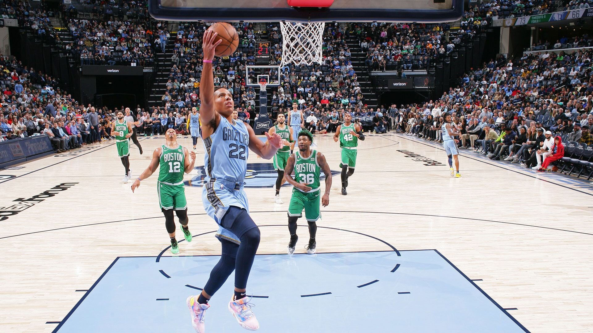 MEMPHIS, TN - NOVEMBER 7: Desmond Bane #22 of the Memphis Grizzlies drives to the basket against the Boston Celtics on November 7, 2022 at FedExForum in Memphis, Tennessee.