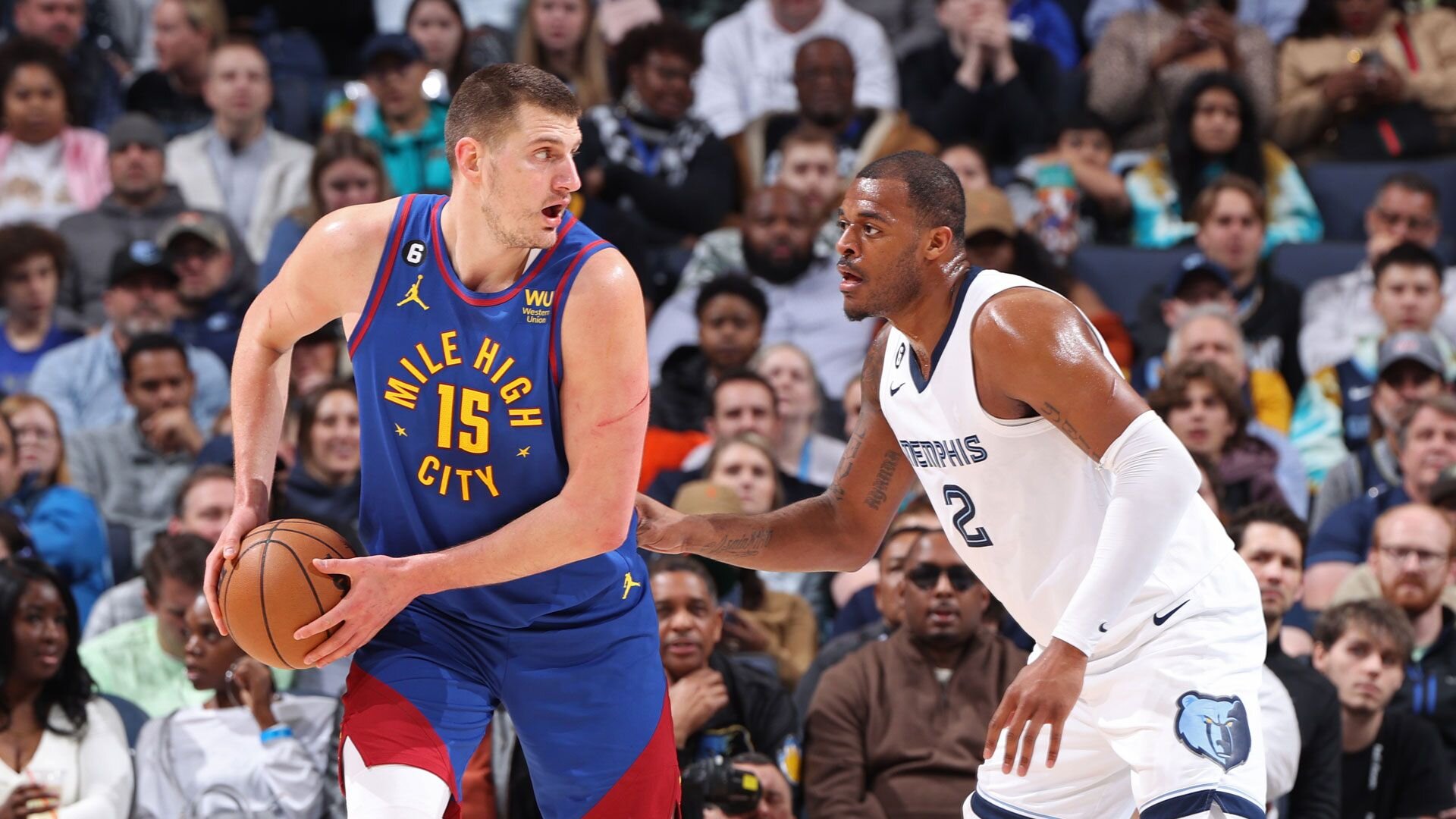 MEMPHIS, TN - FEBRUARY 25: Nikola Jokic #15 of the Denver Nuggets handles the ball during the game against the Memphis Grizzlies on February 25, 2023 at FedExForum in Memphis, Tennessee.