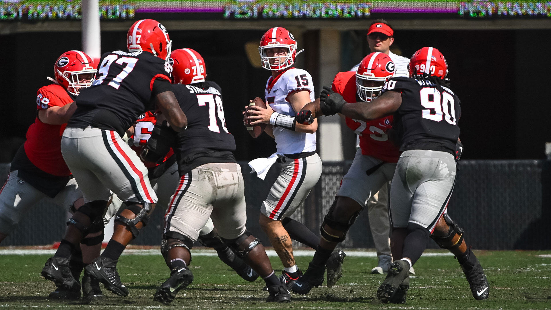 ATHENS, GA - APRIL 15:  Georgia Bulldogs Jr. QB Carson Beck (15) during the G-Day Red and Black Spring Game on April 15, 2023, at Sanford Stadium in Athens, GA. (Photo by John Adams/Icon Sportswire via Getty Images)