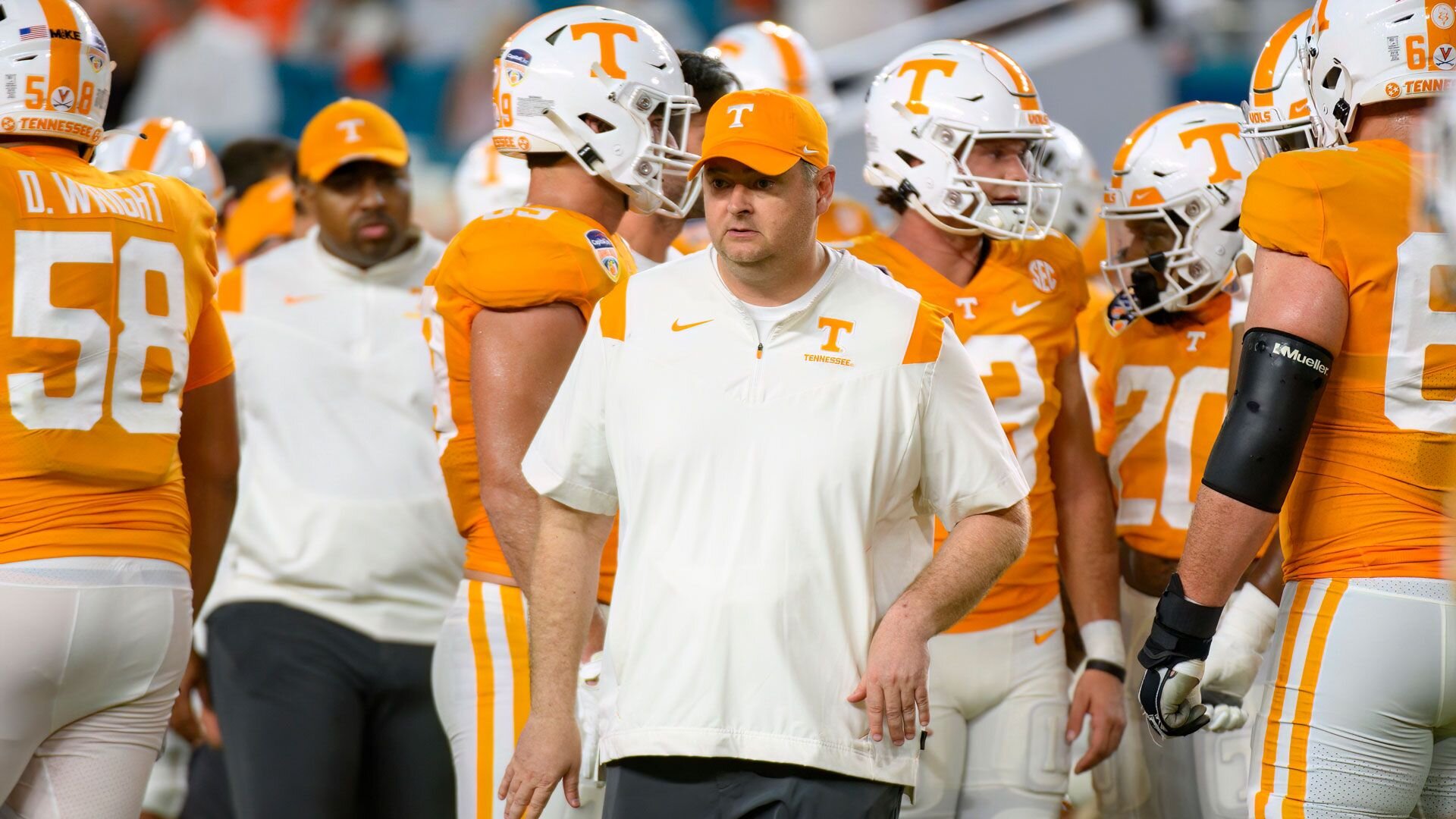 MIAMI GARDENS, FL - DECEMBER 30: Tennessee head coach Josh Heupel watches the players on the field before the Capital One Orange Bowl college football game between the Tennessee Volunteers and the Clemson Tigers on December 30, 2022 at the Hard Rock Stadium in Miami Gardens, FL. (Photo by Doug Murray/Icon Sportswire via Getty Images)