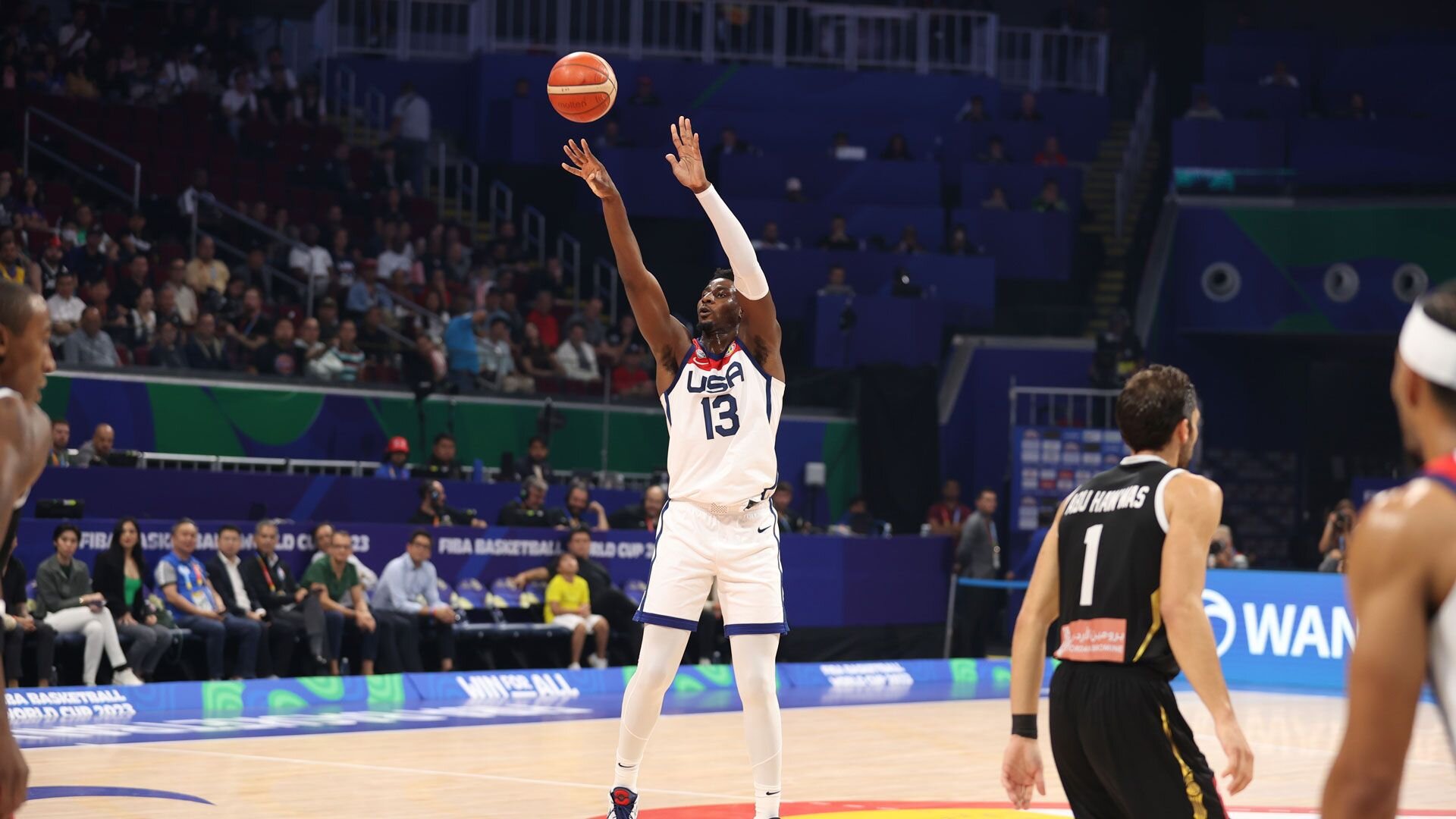 MANILA, PHILIPPINES - AUGUST 30: Jaren Jackson Jr. of the USA Men's Senior National Team shoots against Jordan as part of the 2023 FIBA World Cup on August 30, 2023 at Mall of Asia Arena in Manila, Philippines.