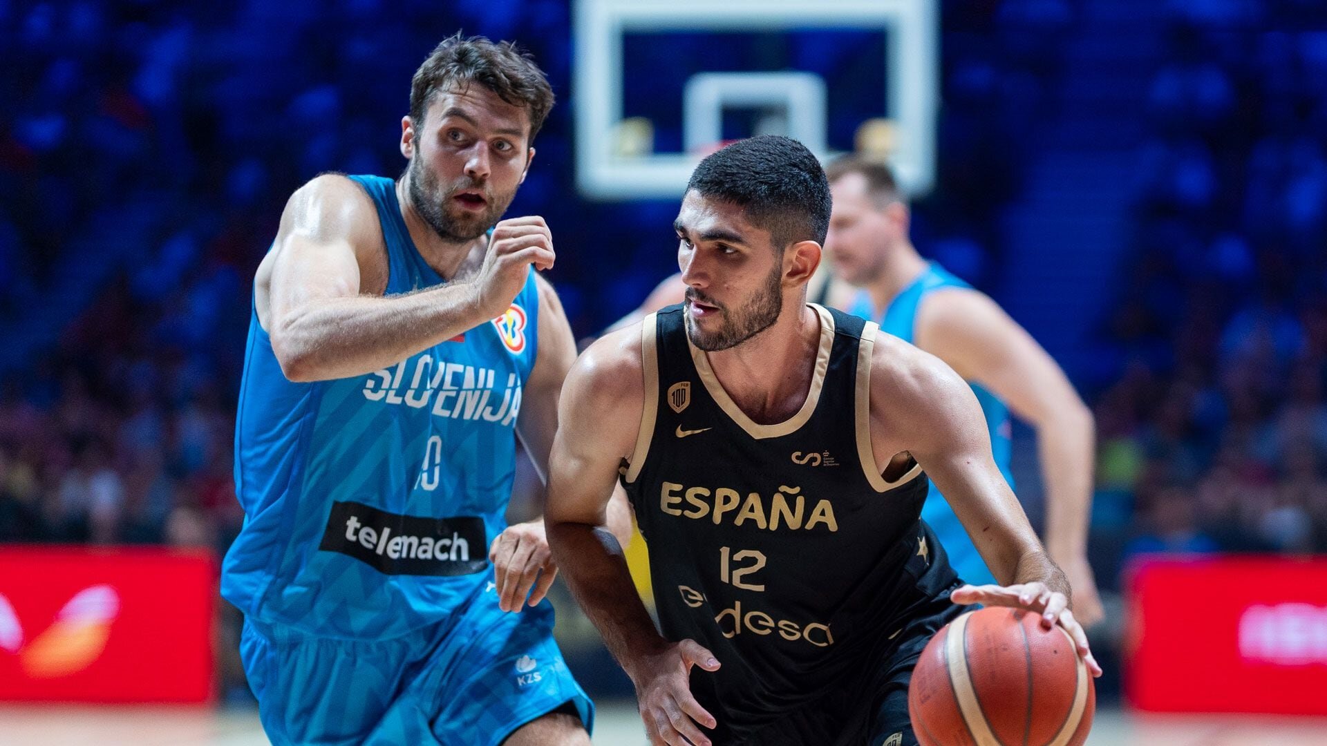 MALAGA, SPAIN - 2023/08/11: Santi Aldama (R) and Mike Tobey (L) in action during the Spain and Slovenia friendly match of basketball previous to FIBA World Cup 2023 at Palacio de los Deportes Martin Carpena. Final Score: Spain 99-79 Slovenia.