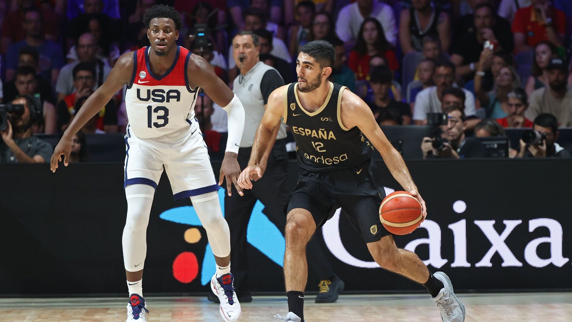 MALAGA, SPAIN - AUGUST 13: Santi Aldama #12 of the Spain National Team dribbles the ball during the 2023 FIBA World Cup exhibition game against the Senior Men's National Team on August 13, 2023 at Palacio de Deportes Jose Maria Martin Carpena in Malaga, Spain.