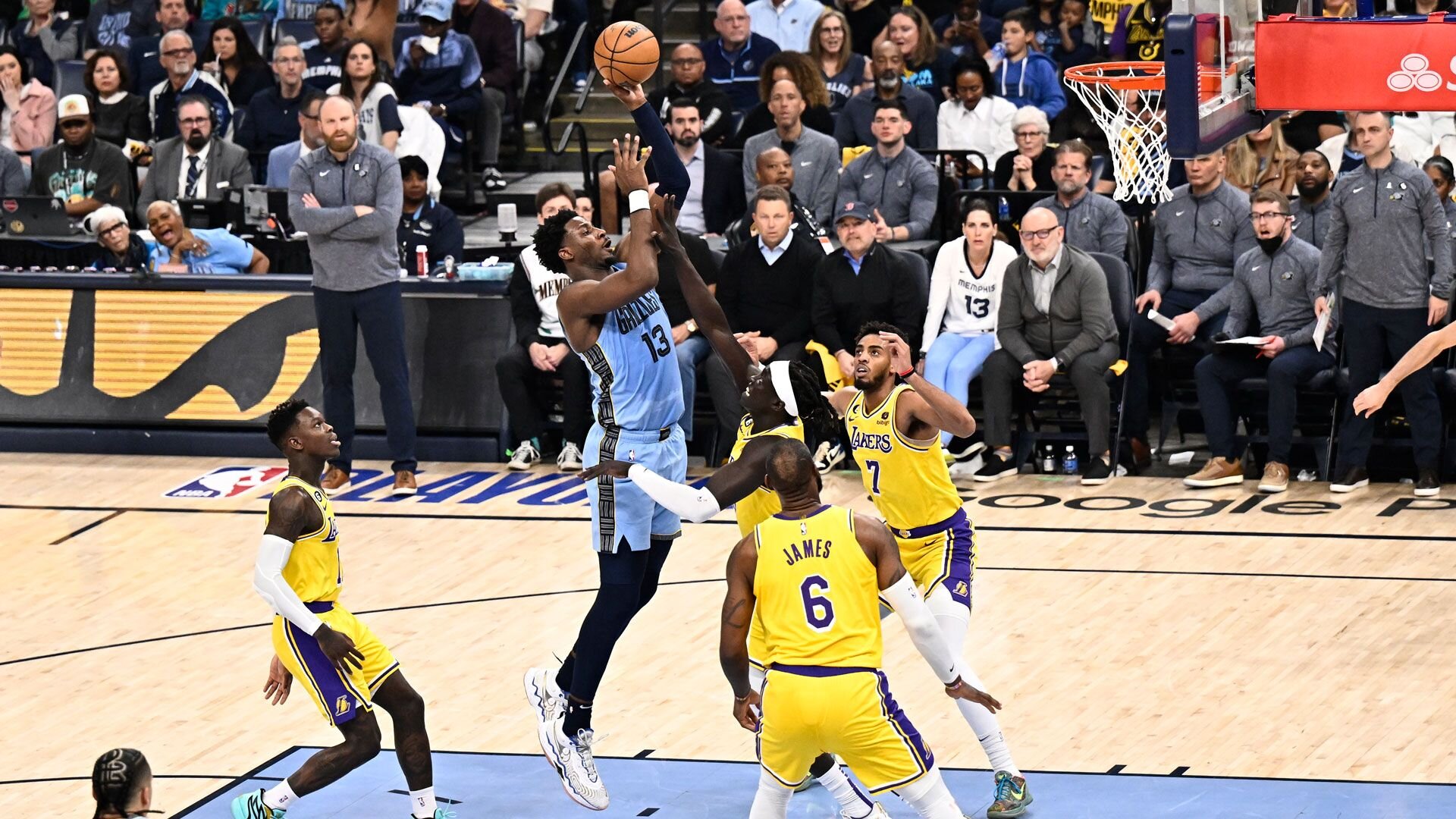 MEMPHIS, TN - APRIL 26: Jaren Jackson Jr. #13 of the Memphis Grizzlies shoots the ball during Round One Game Five of the 2023 NBA Playoffs against the Los Angeles Lakers on April 26, 2023 at FedExForum in Memphis, Tennessee.