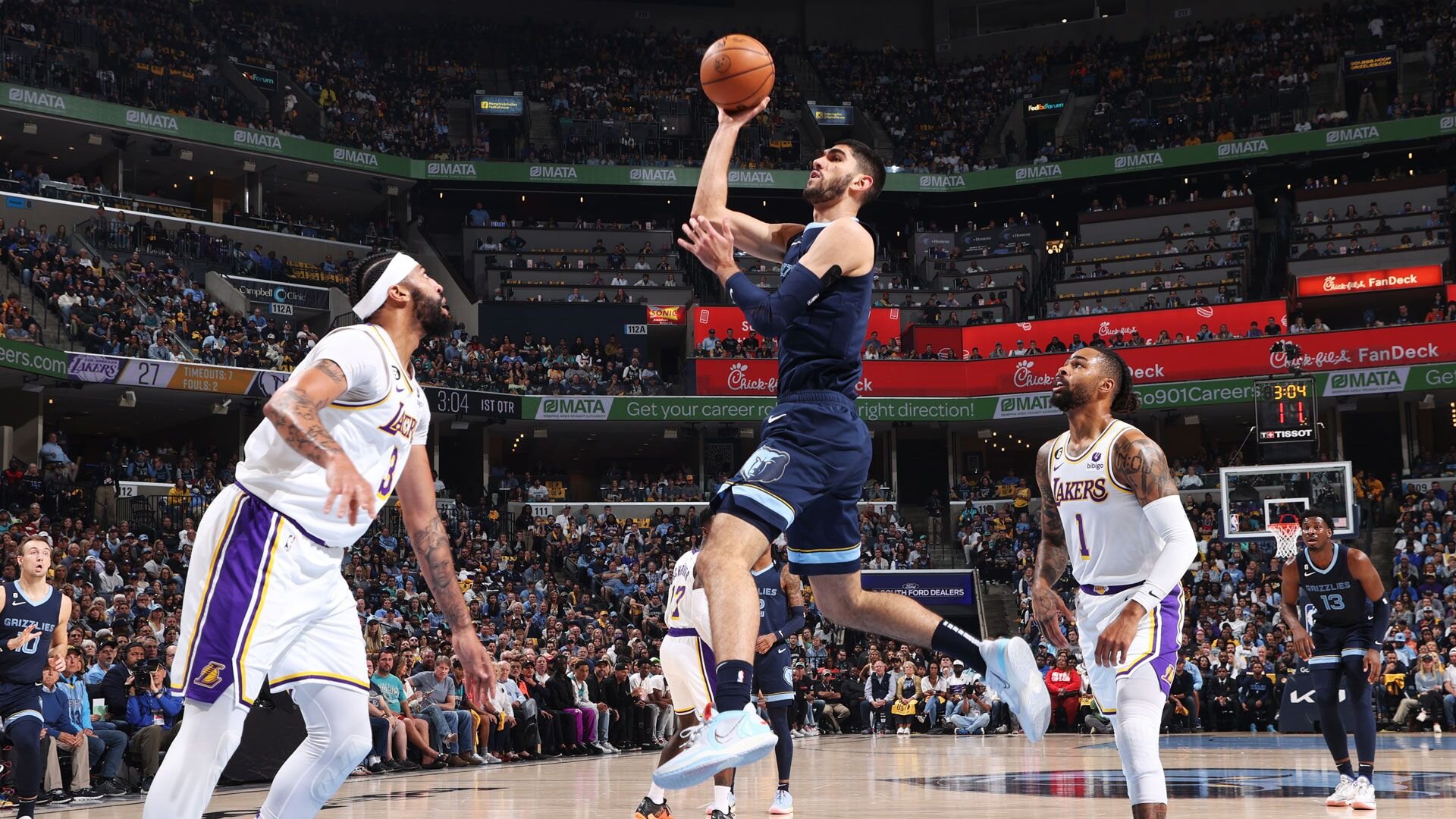 MEMPHIS, TN - APRIL 16: Santi Aldama #7 of the Memphis Grizzlies shoots the ball during Round 1 Game 1 of the NBA Playoffs against the Los Angeles Lakers on April 16, 2023 at FedExForum in Memphis, Tennessee.