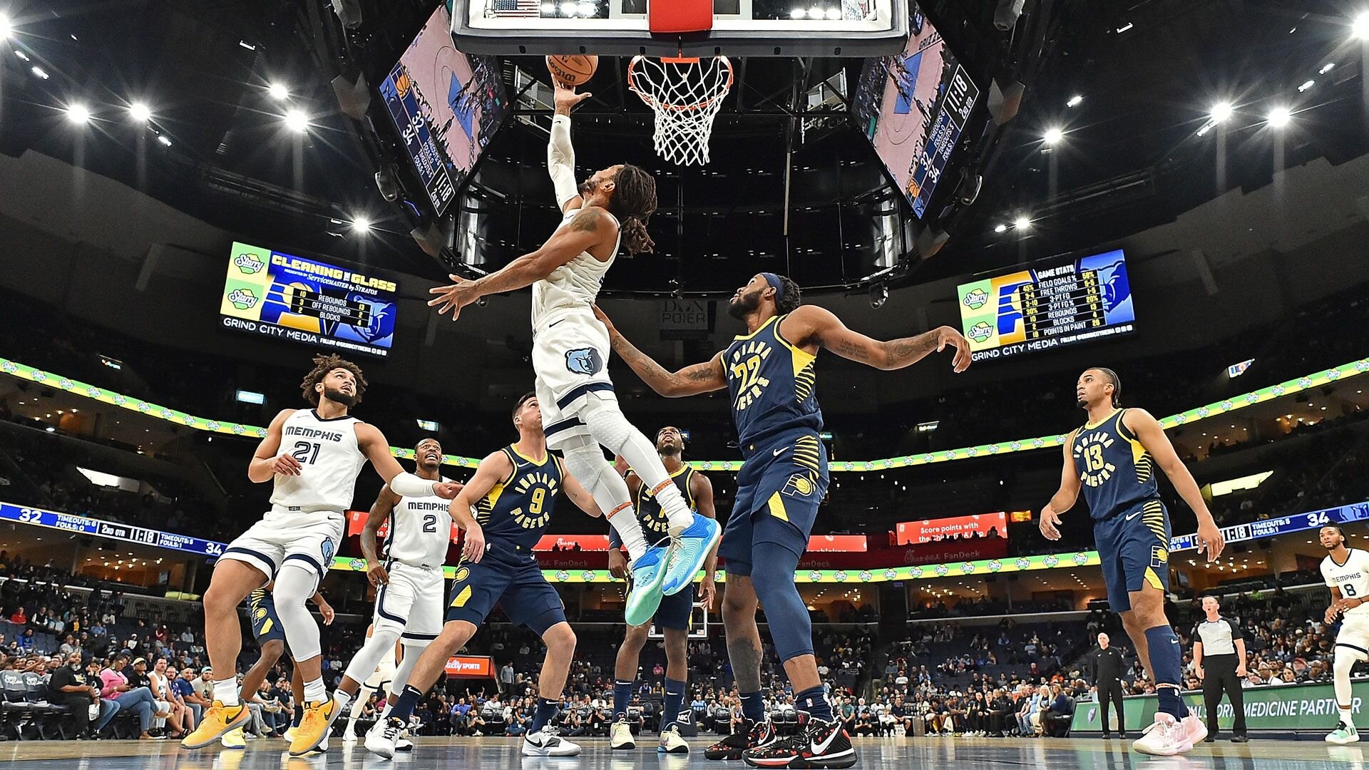 MEMPHIS, TENNESSEE - OCTOBER 08: Derrick Rose #23 of the Memphis Grizzlies goes to the basket against Isaiah Jackson #22 of the Indiana Pacers during the game at FedExForum on October 08, 2023 in Memphis, Tennessee.