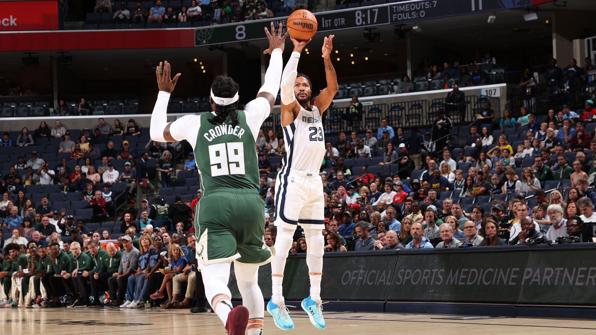 MEMPHIS, TN - OCTOBER 10: Derrick Rose #23 of the Memphis Grizzlies shoots the ball during the game against the Milwaukee Bucks on October 10, 2023 at FedExForum in Memphis, Tennessee.