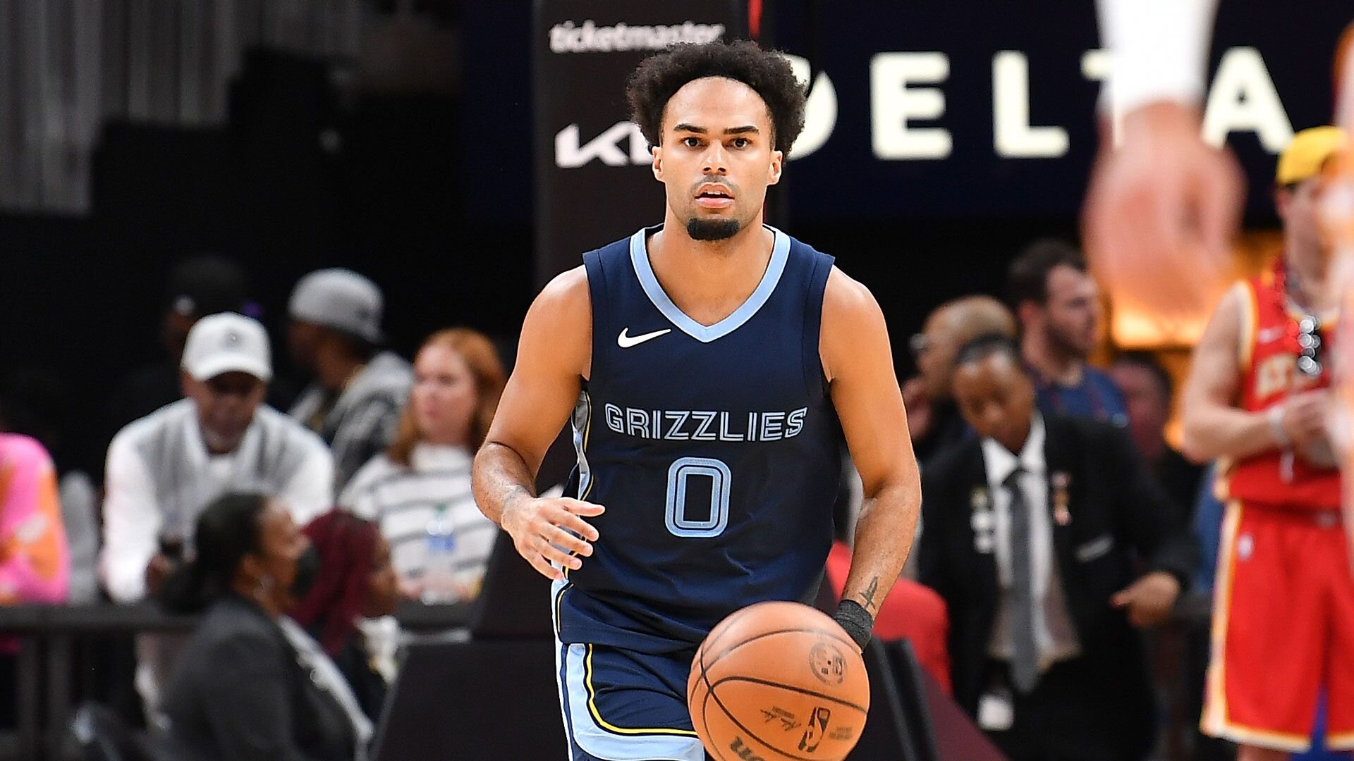 ATLANTA, GEORGIA - OCTOBER 12: Jacob Gilyard #0 of the Memphis Grizzlies brings the ball upcourt during a preseason game against the Atlanta Hawks on October 12, 2023 at State Farm Arena in Atlanta, Georgia.