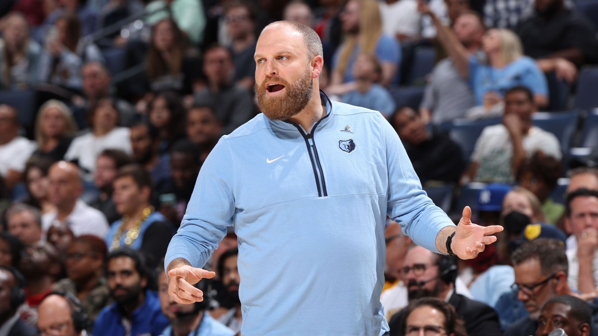 MEMPHIS, TN - OCTOBER 10: Head Coach Taylor Jenkins of the Memphis Grizzlies coaches against the Milwaukee Bucks on October 10, 2023 at FedExForum in Memphis, Tennessee.