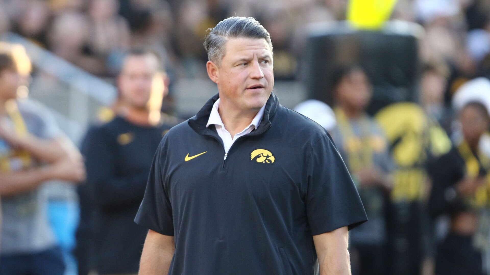 IOWA CITY, IOWA- SEPTEMBER 30:  Offensive coordinator Brian Ferentz of the Iowa Hawkeyes before the match-up against the Michigan State Spartans at Kinnick Stadium on September 30, 2023 in Iowa City, Iowa.  (Photo by Matthew Holst/Getty Images)