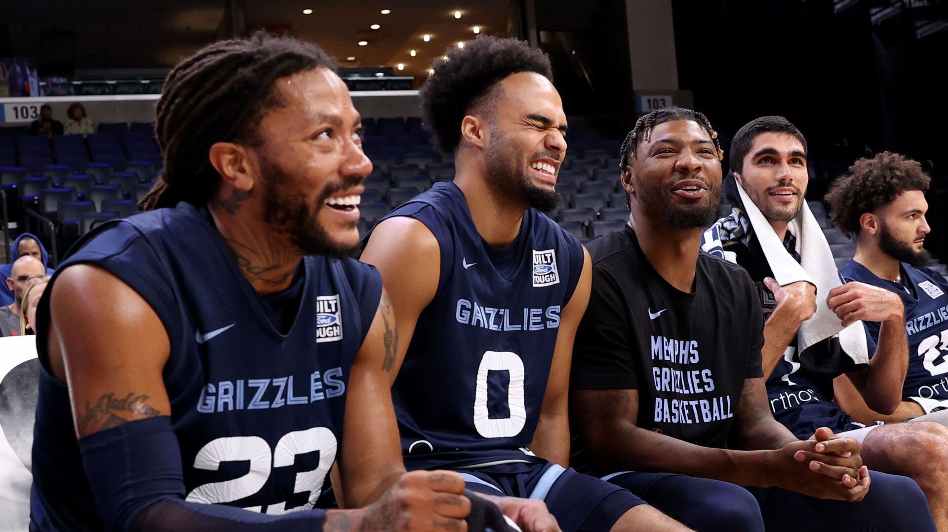 MEMPHIS, TN - OCTOBER 7: Derrick Rose #23, Jacob Gilyard #0 and Marcus Smart #36 of the Memphis Grizzlies laugh during open practice on October 7, 2023 at FedExForum in Memphis, Tennessee.