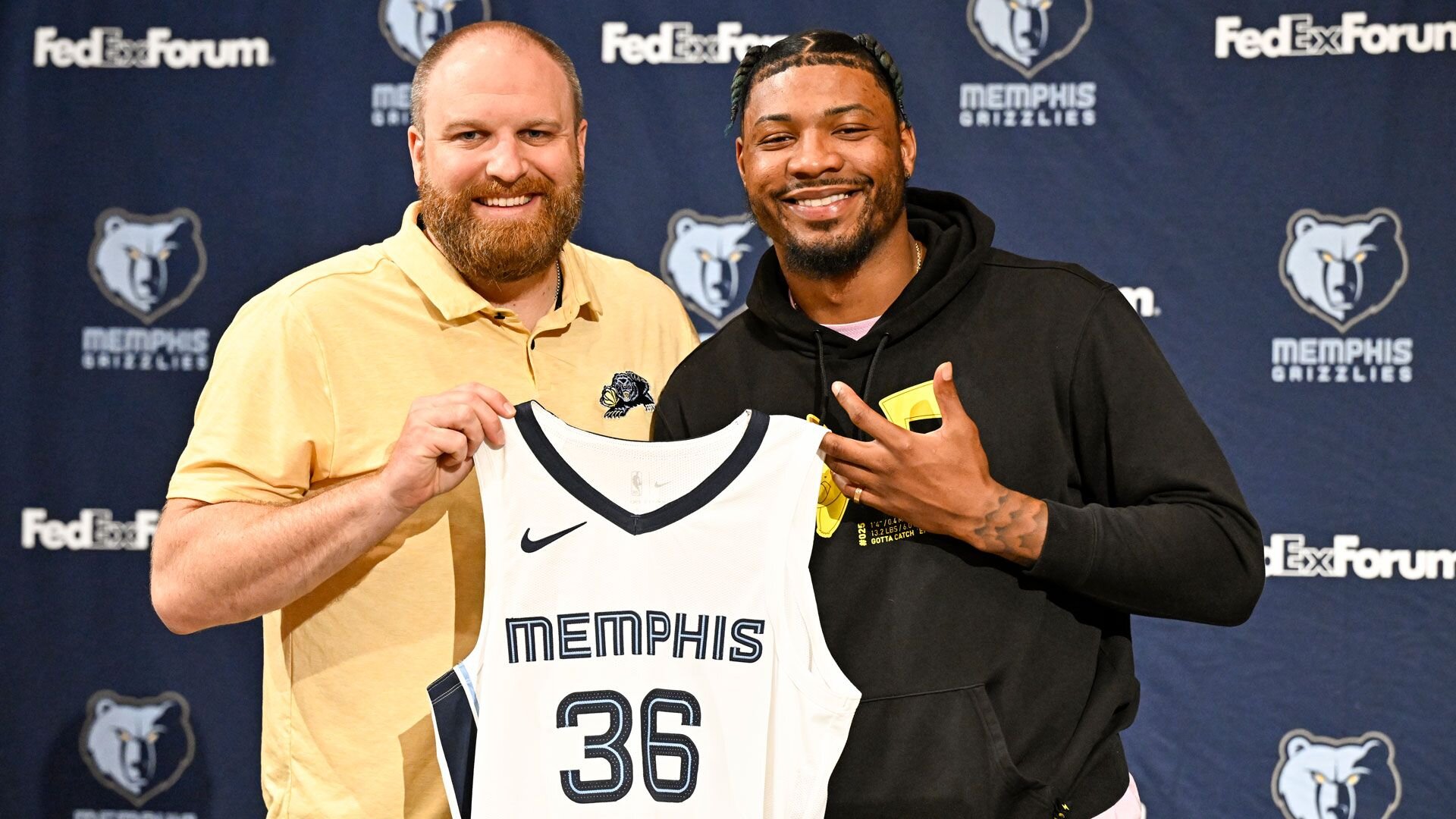 LAS VEGAS, NV - JULY 7: The Memphis Grizzlies introduce Marcus Smart during a press conference on July 7, 2023 in Las Vegas, Nevada.