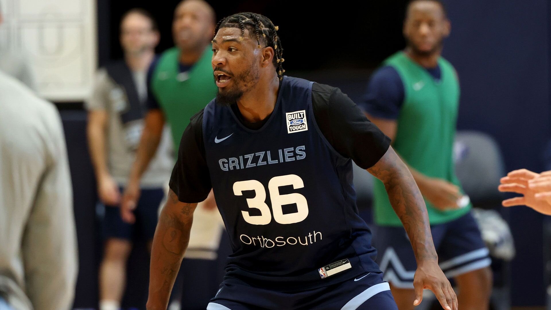 MEMPHIS, TN - OCTOBER 3: Marcus Smart #36 of the Memphis Grizzlies looks on during a team practice on October 3, 2023 at FedExForum in Memphis, Tennessee.