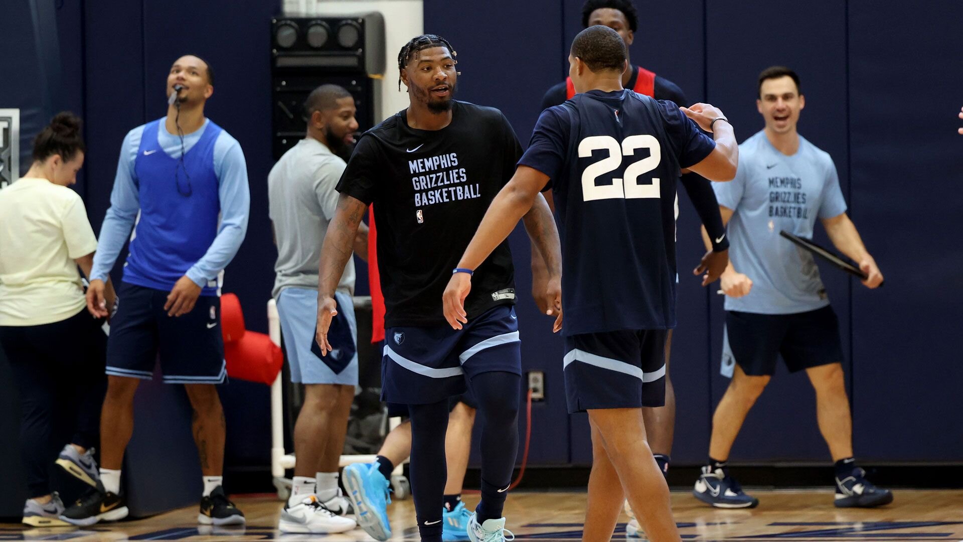 MEMPHIS, TN - OCTOBER 3: Marcus Smart #36 and Desmond Bane #22 of the Memphis Grizzlies high five during a team practice on October 3, 2023 at FedExForum in Memphis, Tennessee.