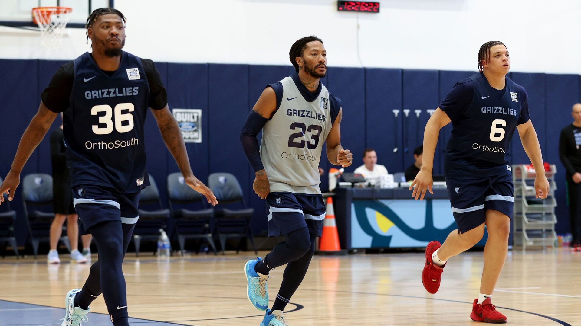 MEMPHIS, TN - OCTOBER 3: Derrick Rose #23, Marcus Smart #36, and Kenneth Lofton Jr. #6 of the Memphis Grizzlies look on during a team practice on October 3, 2023 at FedExForum in Memphis, Tennessee.