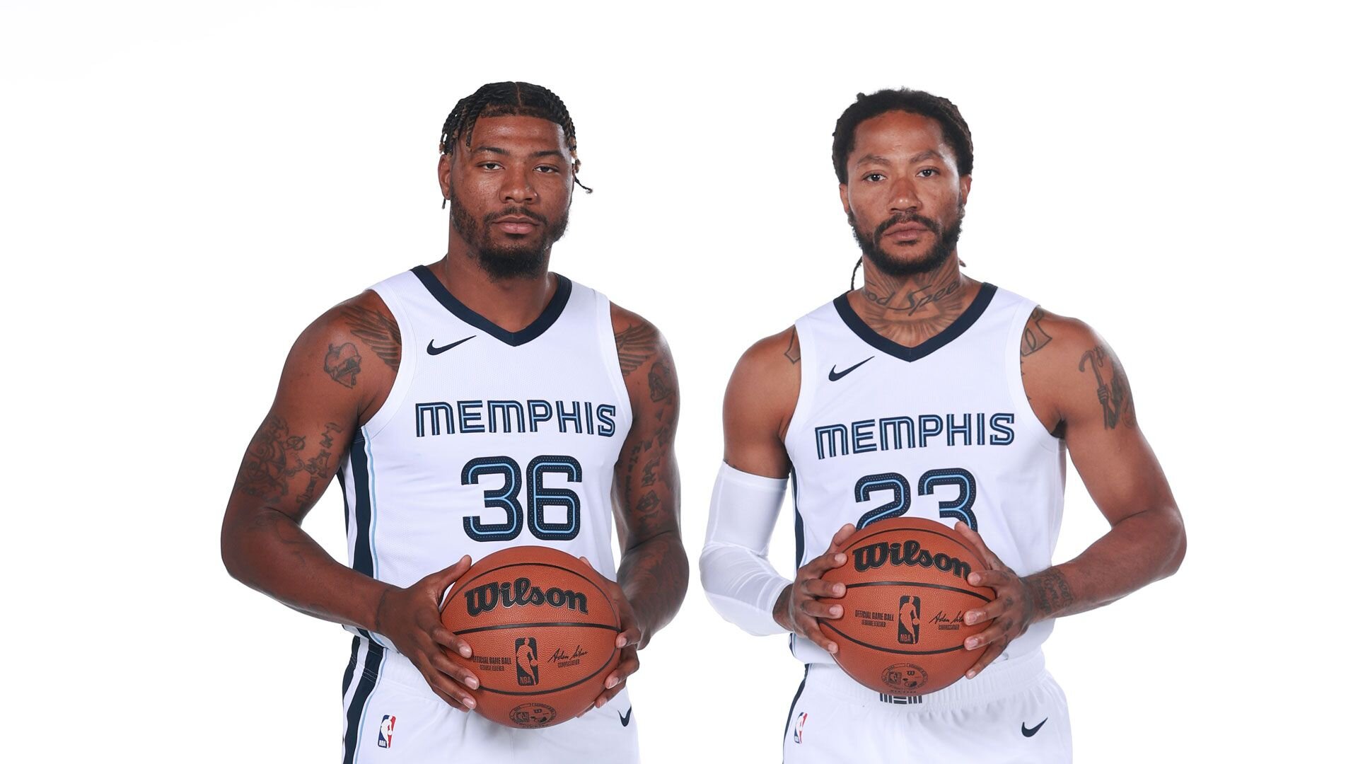 MEMPHIS, TN - OCTOBER 02: Marcus Smart #36 and Derrick Rose #23 of the Memphis Grizzlies poses for a portrait during 2023-24 NBA media day on October 2, 2023 at FedExForum in Memphis, Tennessee.