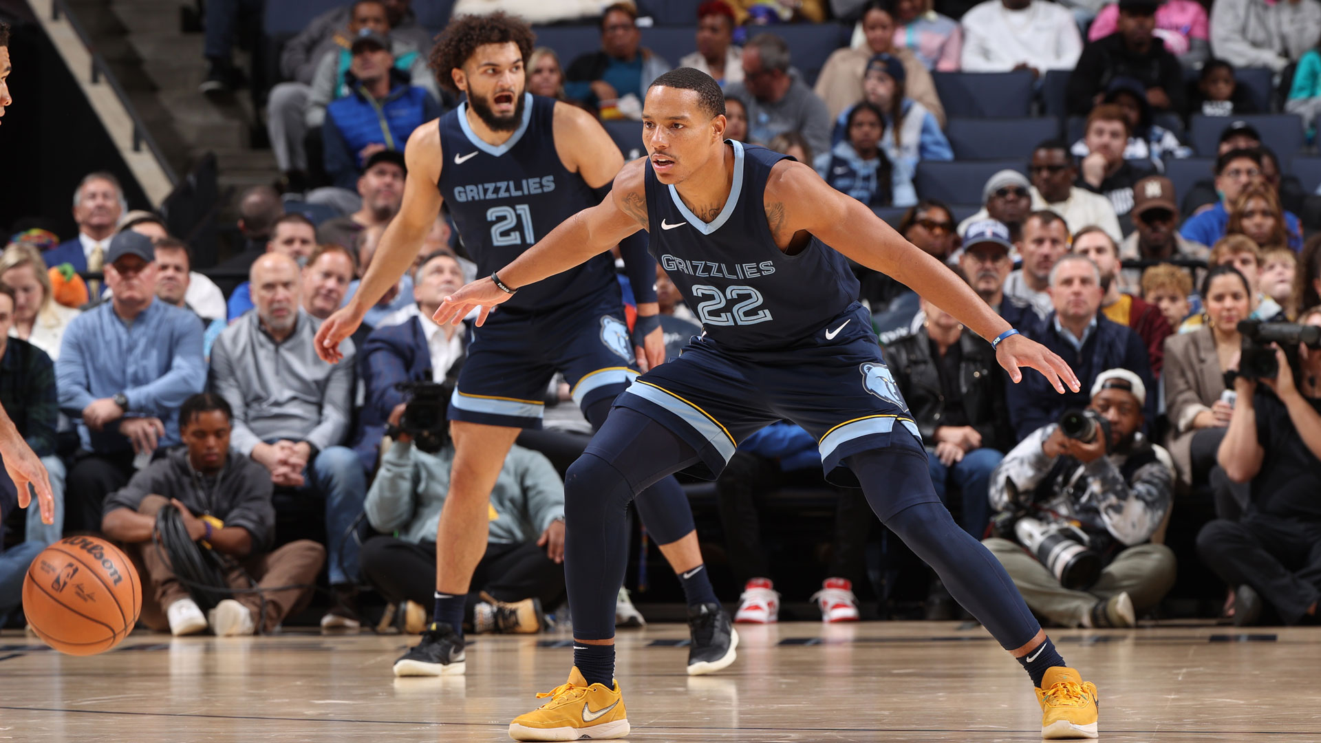 MEMPHIS, TN - OCTOBER 30: Desmond Bane #22 of the Memphis Grizzlies defends during the game against the Dallas Mavericks on October 30, 2023 at FedExForum in Memphis, Tennessee.