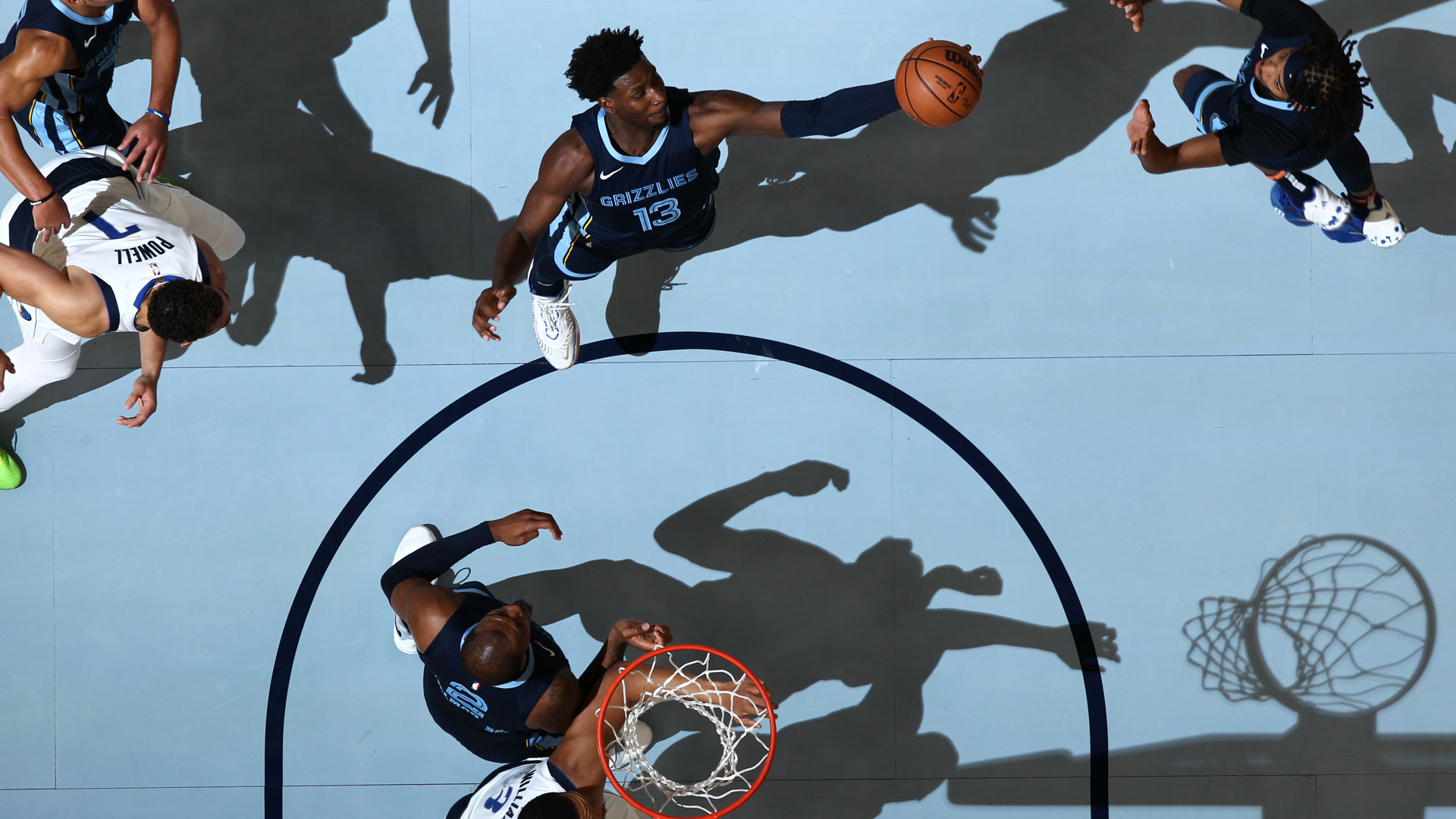 MEMPHIS, TN - OCTOBER 30: Jaren Jackson Jr. #13 of the Memphis Grizzlies rebounds the ball during the game against the Dallas Mavericks on October 30, 2023 at FedExForum in Memphis, Tennessee.