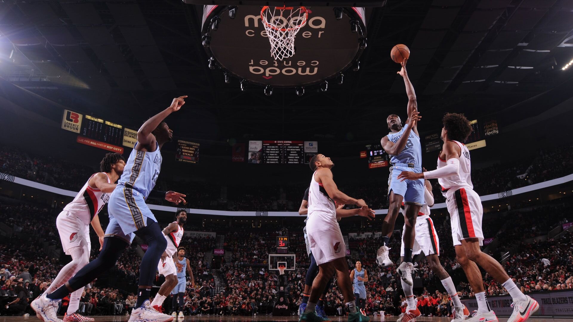 PORTLAND, OR - NOVEMBER 5: Bismack Biyombo #18 of the Memphis Grizzlies shoots the ball during the game against the Portland Trail Blazers on November 5, 2023 at the Moda Center Arena in Portland, Oregon.