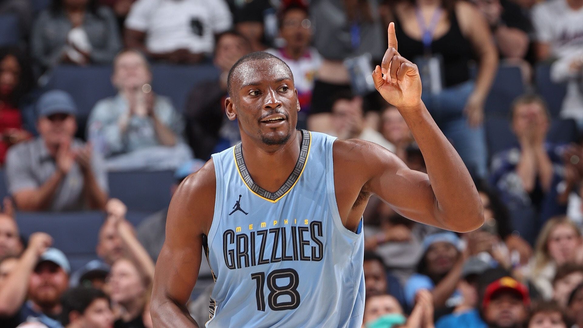 MEMPHIS, TN - NOVEMBER 8: Bismack Biyombo #18 of the Memphis Grizzlies celebrates during the game against the Miami Heat on November 8, 2023 at FedExForum in Memphis, Tennessee.