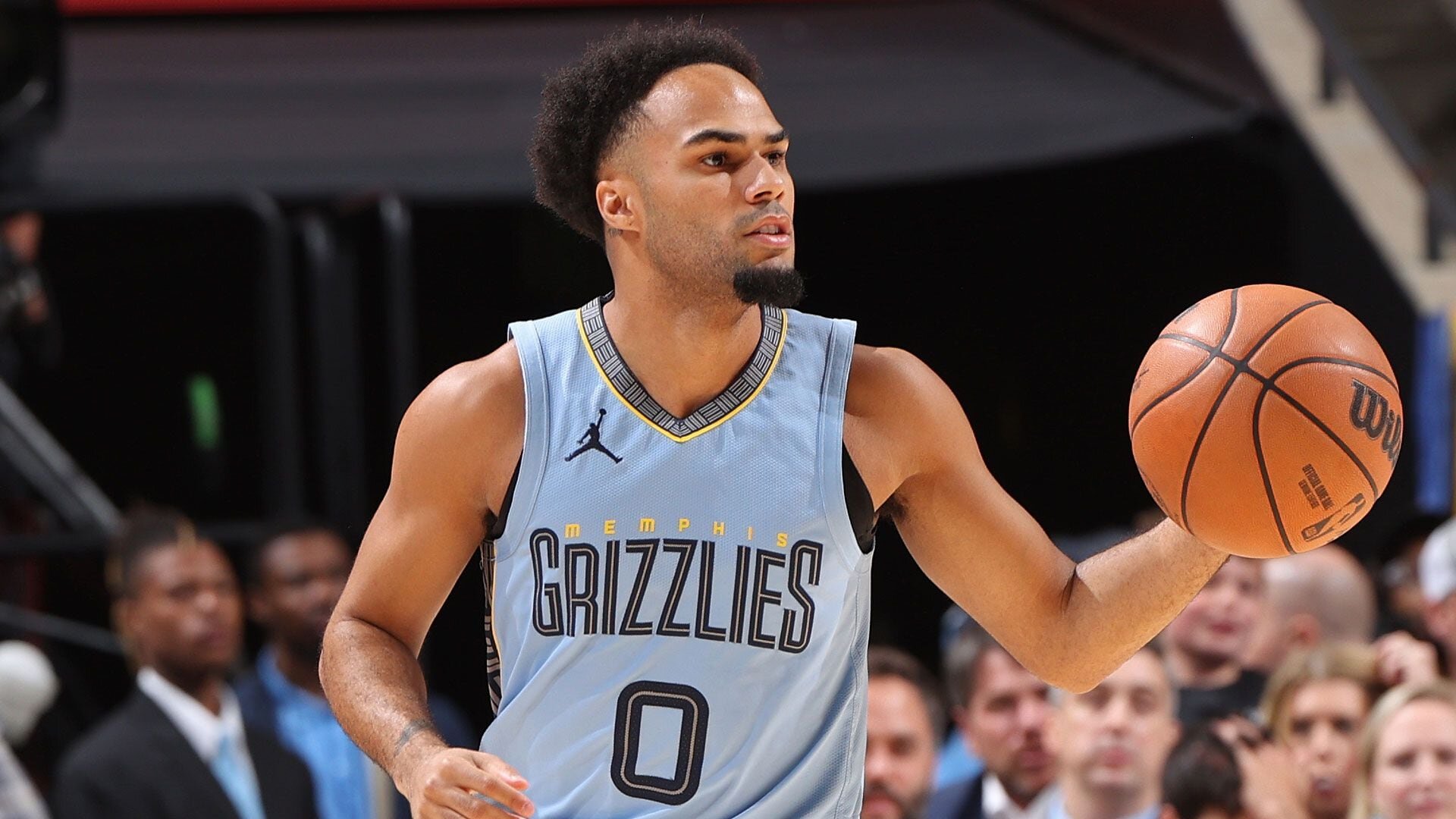 MEMPHIS, TN - NOVEMBER 8: Jacob Gilyard #0 of the Memphis Grizzlies brings the ball up court against the Miami Heat on November 8, 2023 at FedExForum in Memphis, Tennessee.