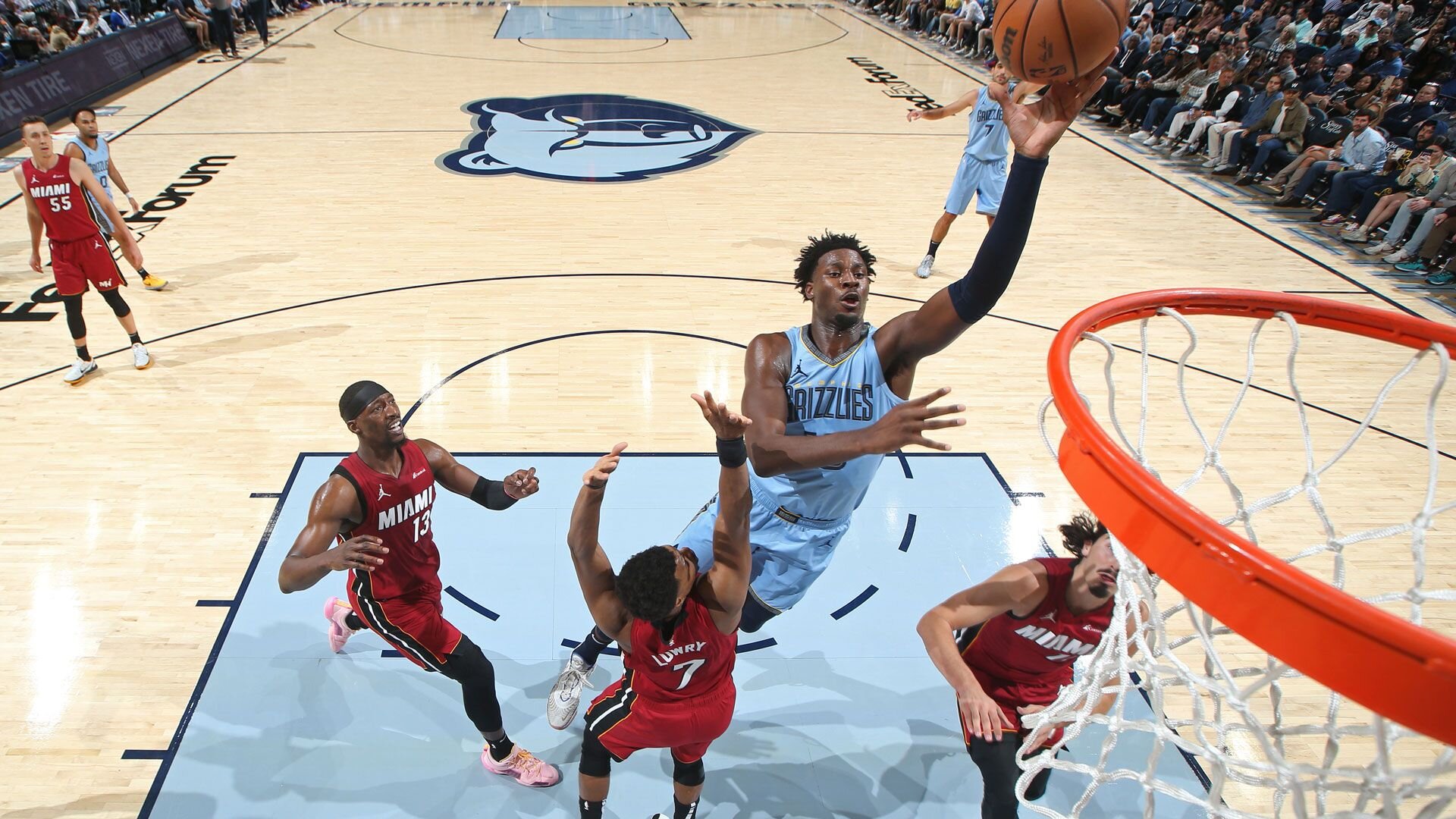 MEMPHIS, TN - NOVEMBER 8: Jaren Jackson Jr. #13 of the Memphis Grizzlies drives to the basket during the game against the Miami Heat on November 8, 2023 at FedExForum in Memphis, Tennessee.