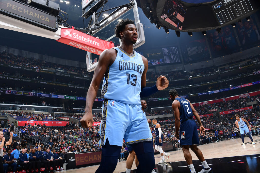 LOS ANGELES, CA - NOVEMBER 12: Jaren Jackson Jr. #13 of the Memphis Grizzlies celebrates during the game against the LA Clippers on November 12, 2023 at Crypto.Com Arena in Los Angeles, California.