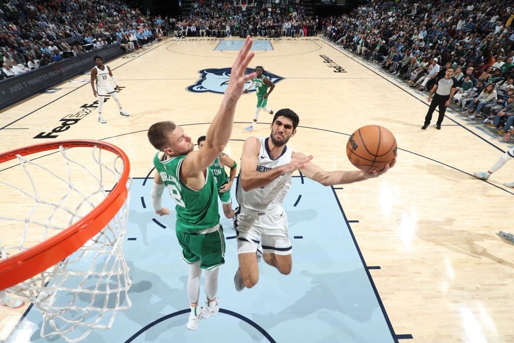 MEMPHIS, TN - NOVEMBER 19: Santi Aldama #7 of the Memphis Grizzlies drives to the basket during the game against the Boston Celtics on November 19, 2023 at FedExForum in Memphis, Tennessee.