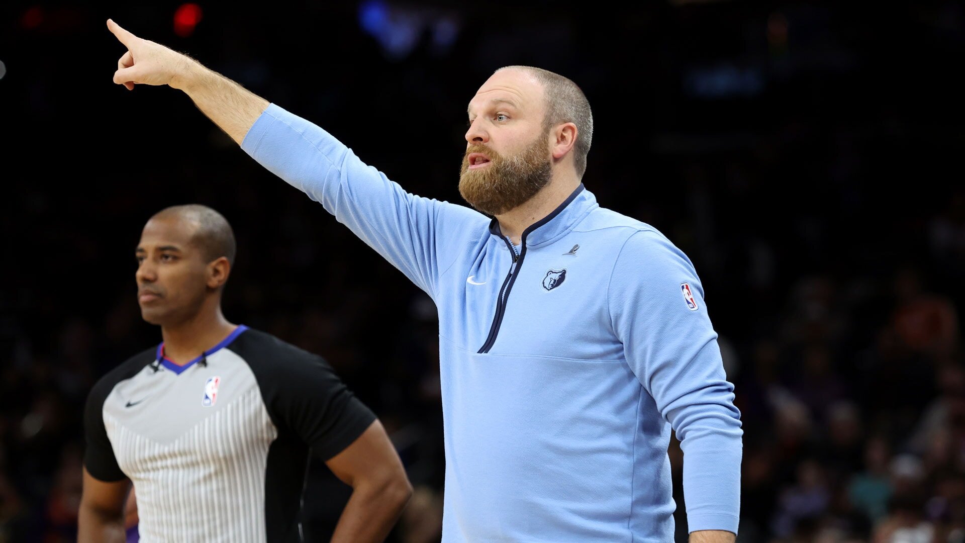 PHOENIX, ARIZONA - DECEMBER 02: Memphis Grizzlies Head Coach Taylor Jenkins on the sidelines against the Phoenix Suns during the first quarter at Footprint Center on December 02, 2023 in Phoenix, Arizona.