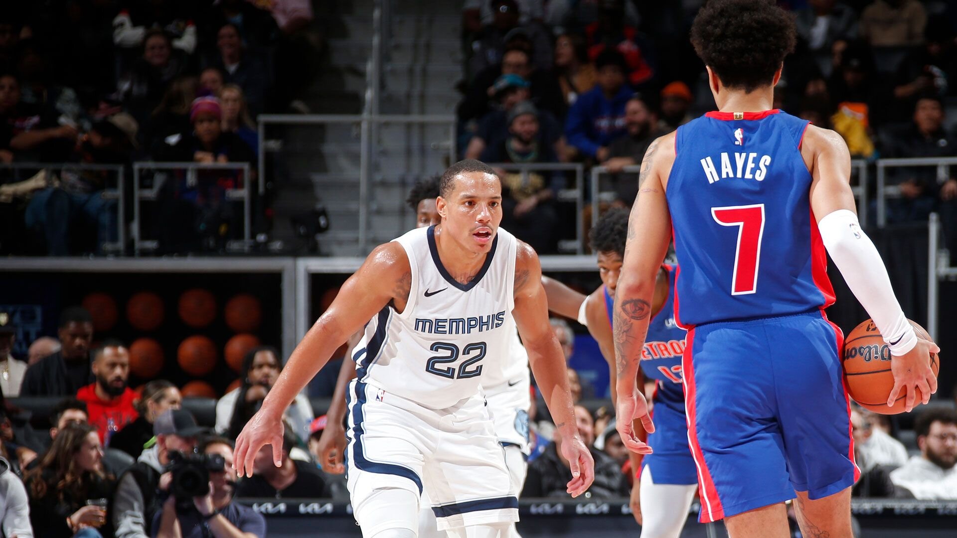 DETROIT, MI - DECEMBER 6: Desmond Bane #22 of the Memphis Grizzlies plays defense during the game against the Detroit Pistons on December 6, 2023 at Little Caesars Arena in Detroit, Michigan.