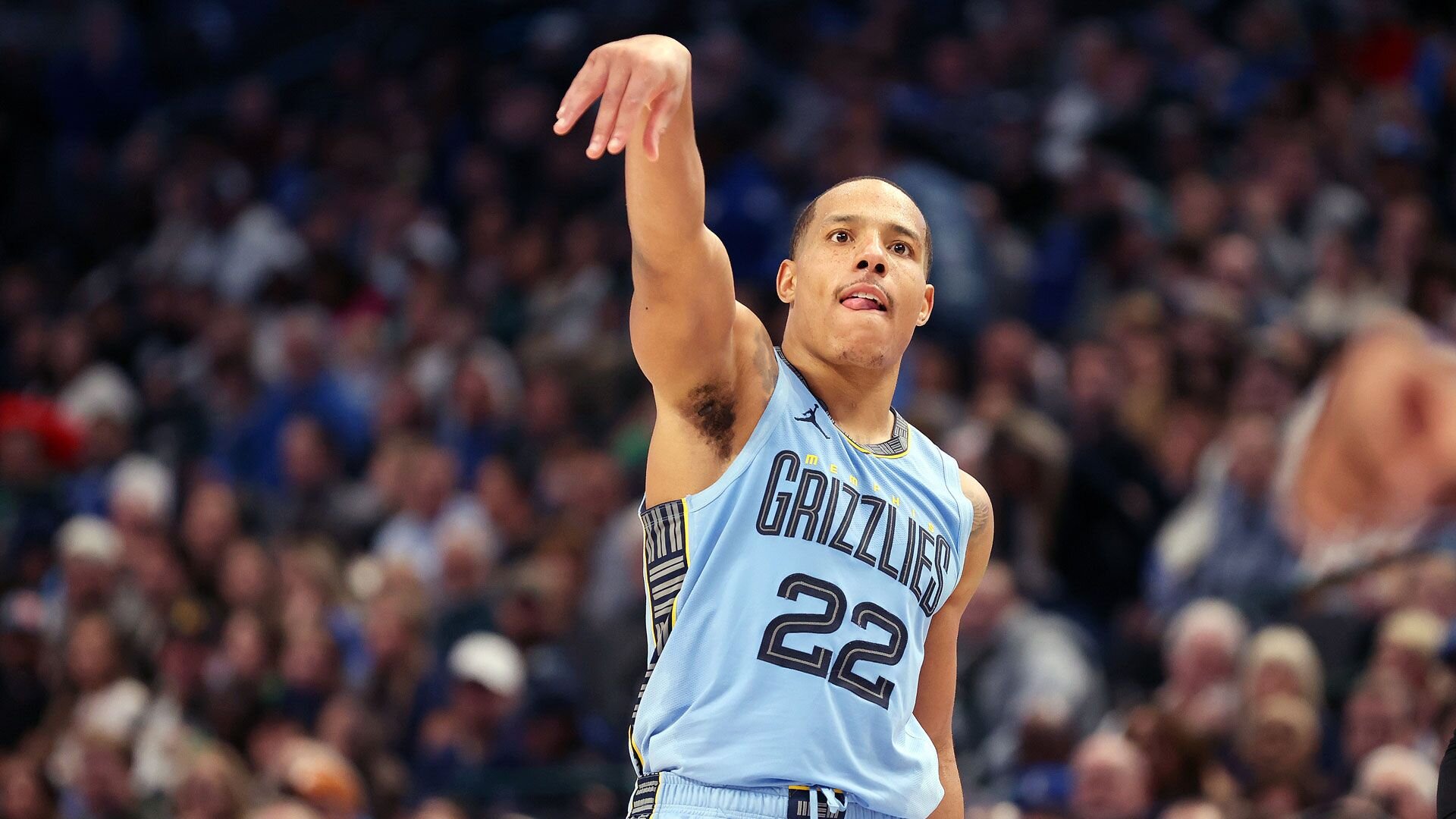 DALLAS, TEXAS - DECEMBER 01: Desmond Bane #22 of the Memphis Grizzlies watches a shot in the second half against the Dallas Mavericks at American Airlines Center on December 01, 2023 in Dallas, Texas.